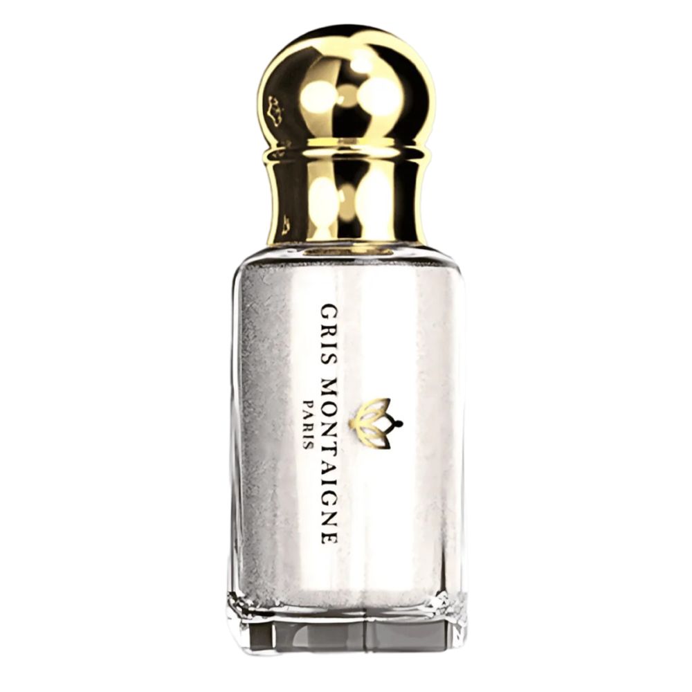 Flacon de parfum avec bouchon doré. Inscription: Gris Montaigne Paris. Logo: fleur.