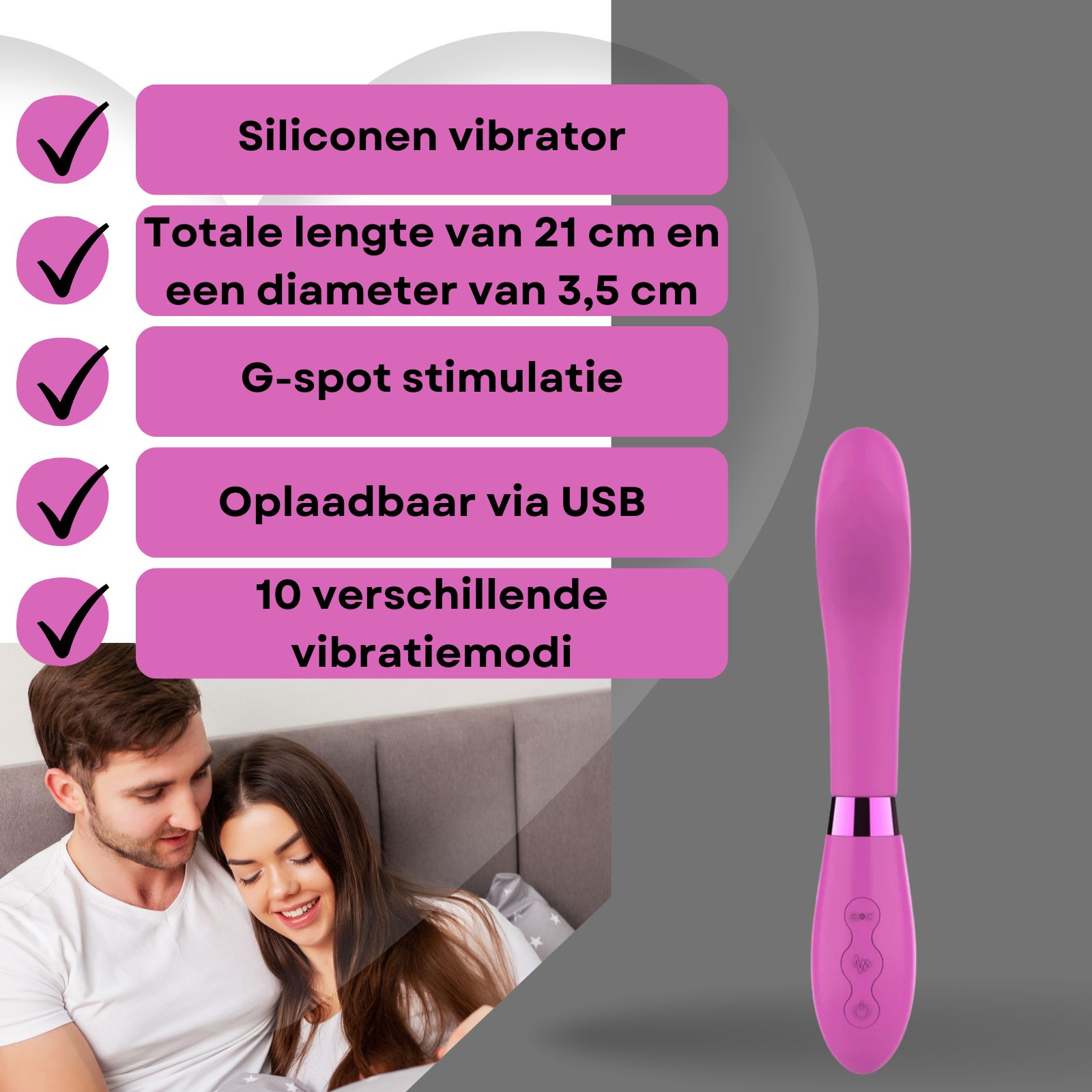 Vibrateur rose. Couple au lit. Texte: silicone, 21cm long, USB, 10 modes.