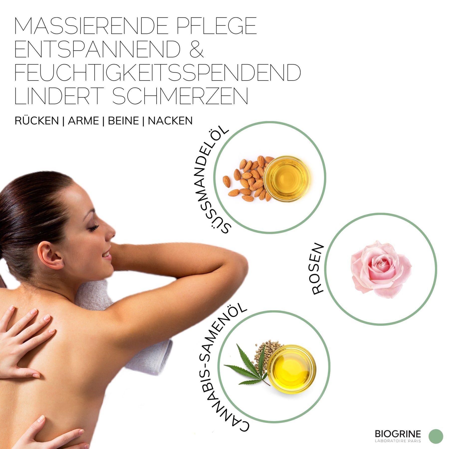 Femme recevant un massage. Texte sur les ingrédients : huile d'amande, roses, huile de cannabis. Marque BIOGRINE.