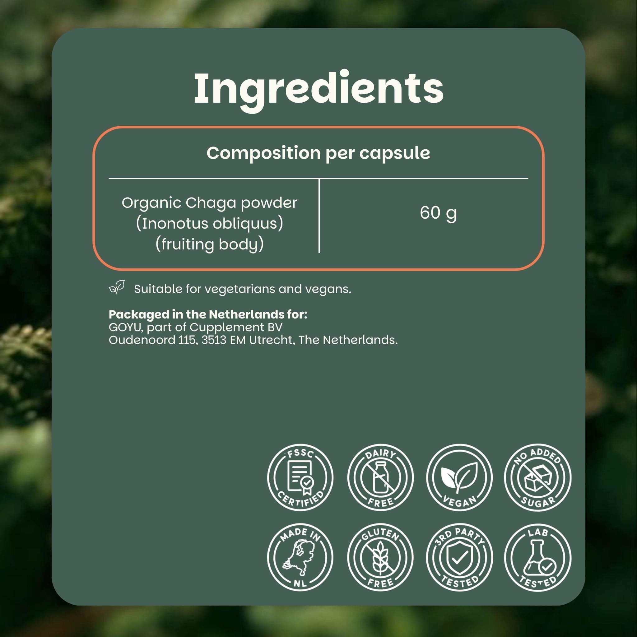 Aperçu des ingrédients de la poudre de Chaga GOYU avec certifications telles que FSSC, Vegan, Sans Gluten.