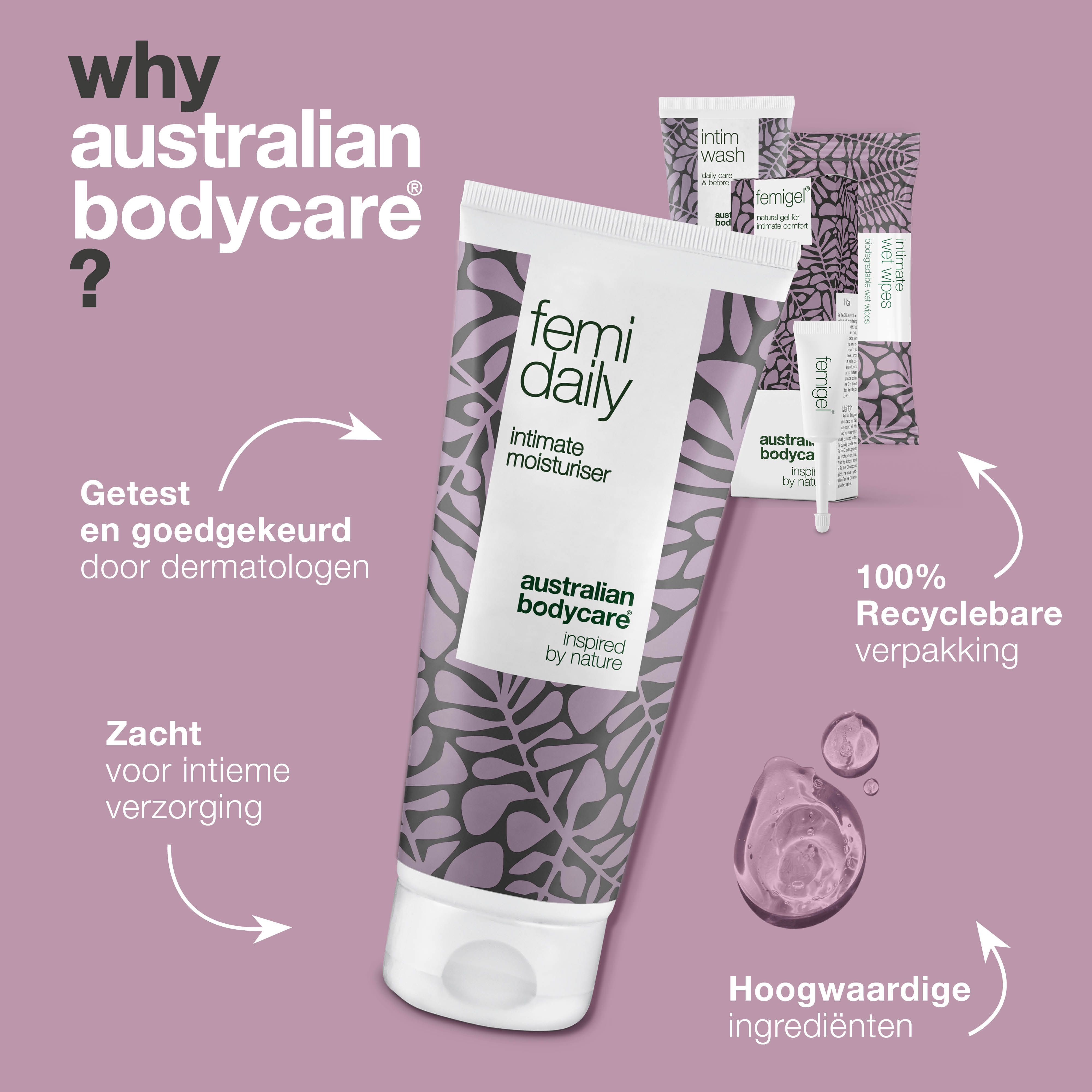 Product met tekst 'femi daily'. Verpakking met bladerpatroon. Merknaam zichtbaar.