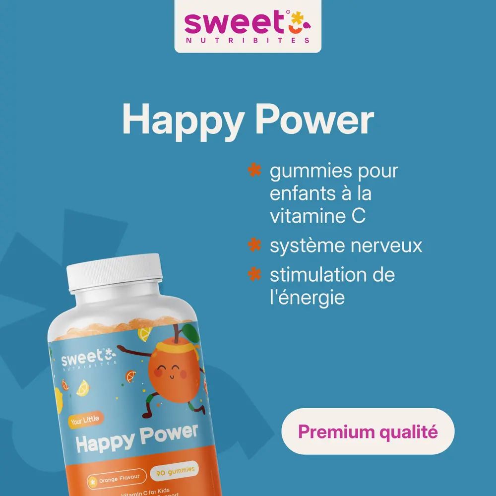 Flacon de gommes avec texte : Happy Power. Texte en rouge : gommes pour enfants à la vitamine C. Fond bleu.
