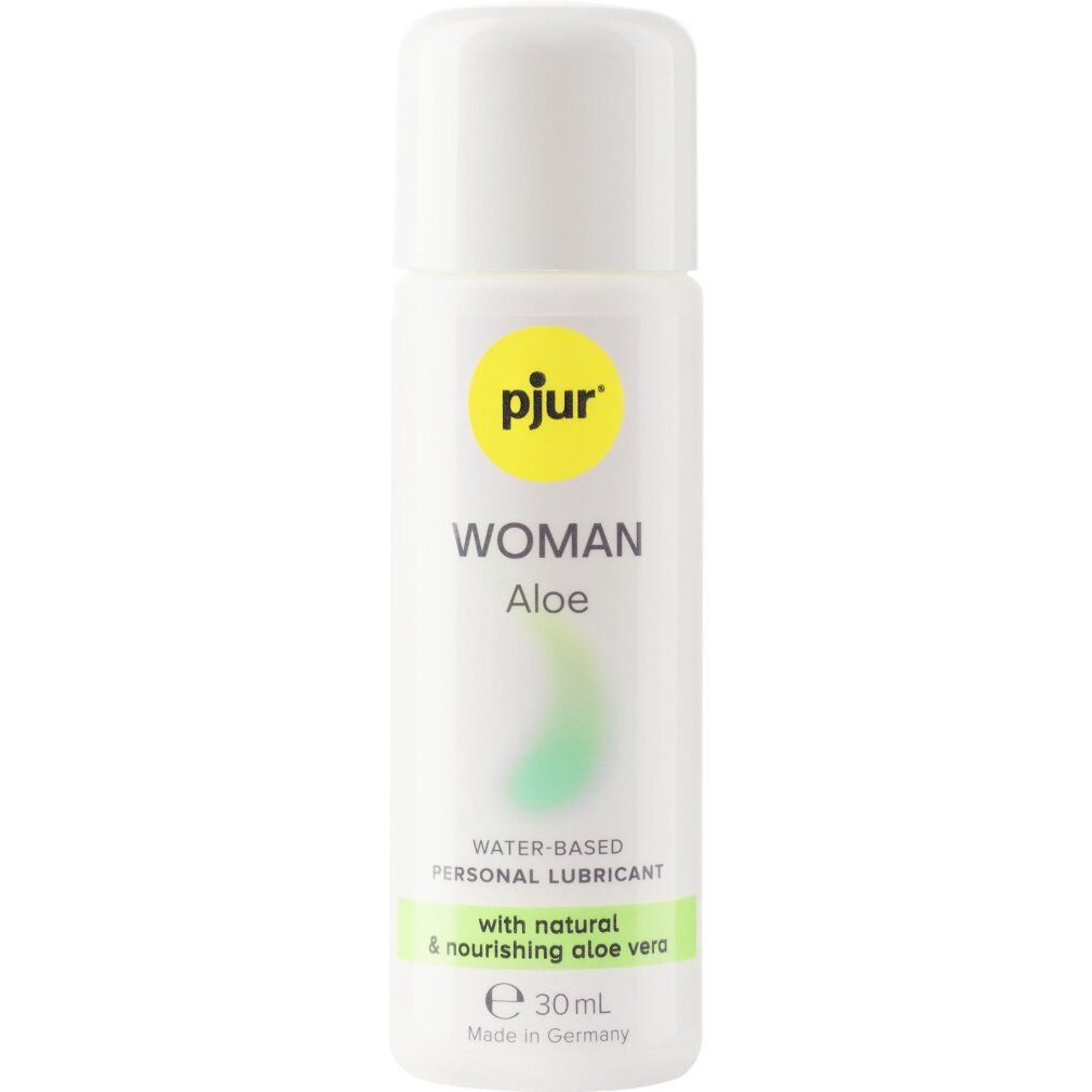 Witte fles met geel etiket. Opschrift: pjur WOMAN Aloe. Bevat 30ml. Glijmiddel op waterbasis.