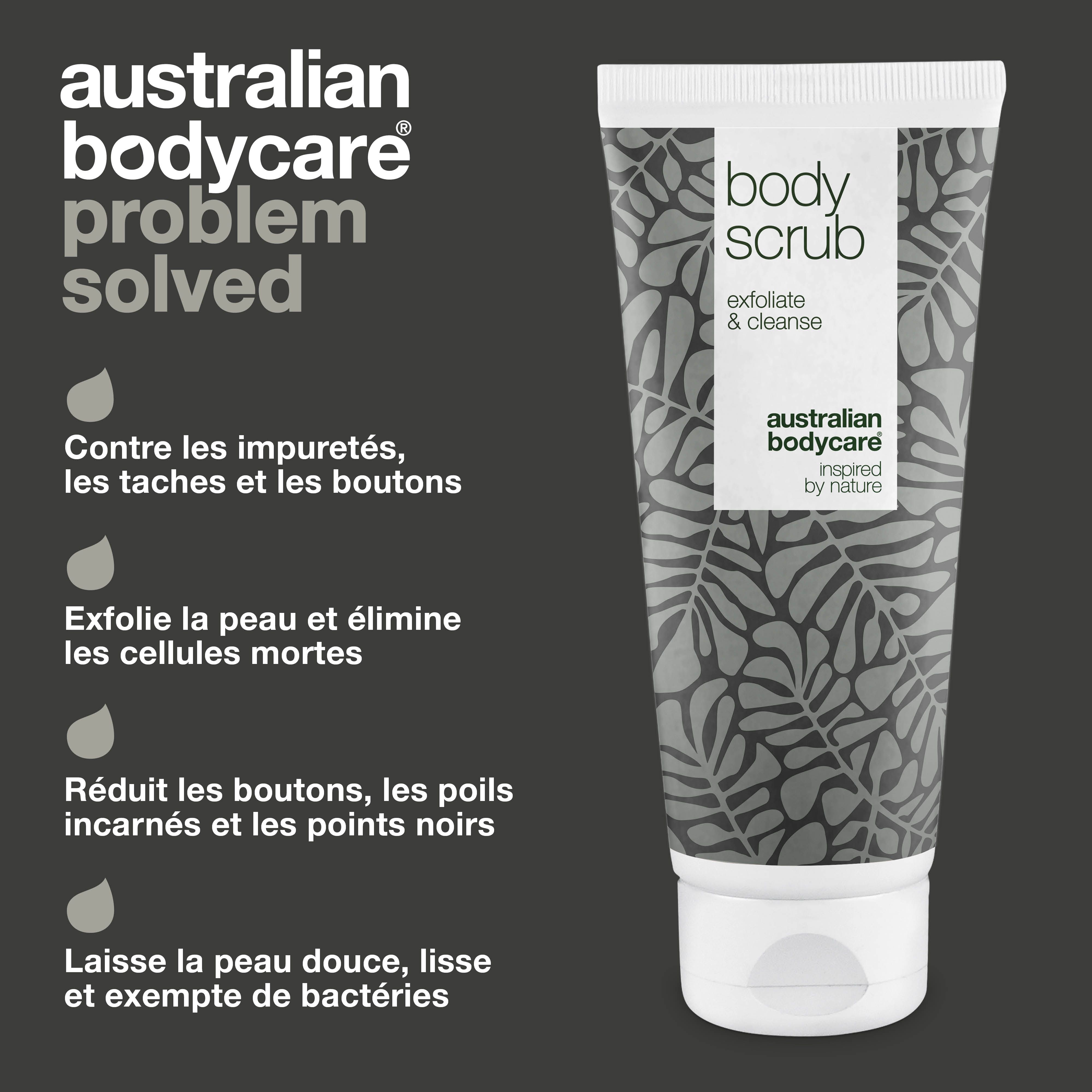 Graphique : Australian Bodycare, problème résolu. Tube de gommage corporel. Contre les impuretés, les taches, les boutons, élimine les cellules mortes.