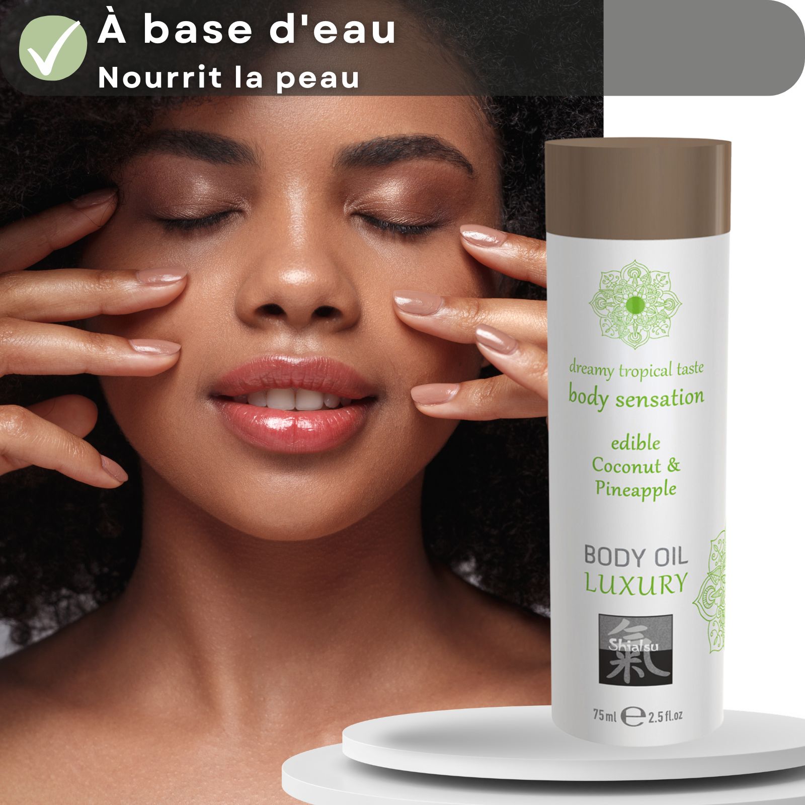 Huile de massage Shiatsu à base d'eau, nourrit la peau, arôme noix de coco et ananas.