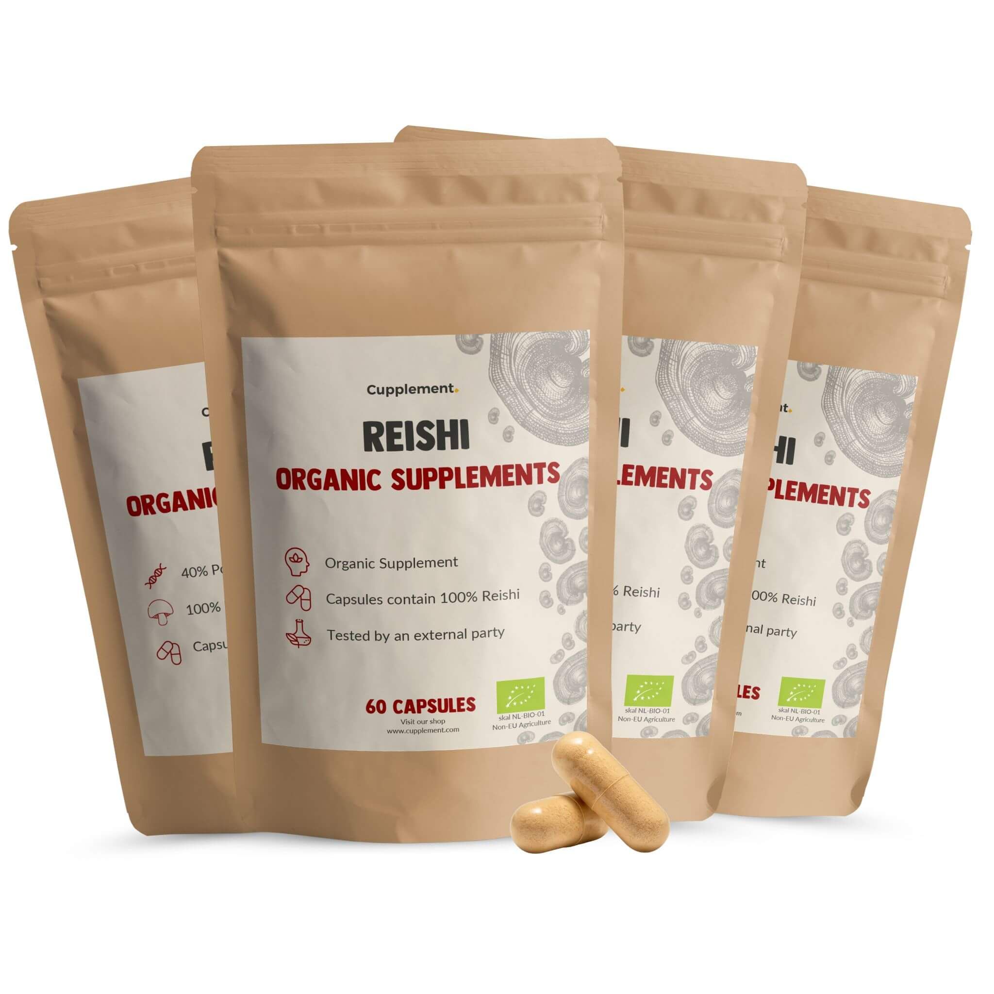 Meerdere zakjes Cupplement Reishi 500 mg BIO. Opschrift: Reishi Organic Supplements. 60 capsules. Twee capsules ernaast.