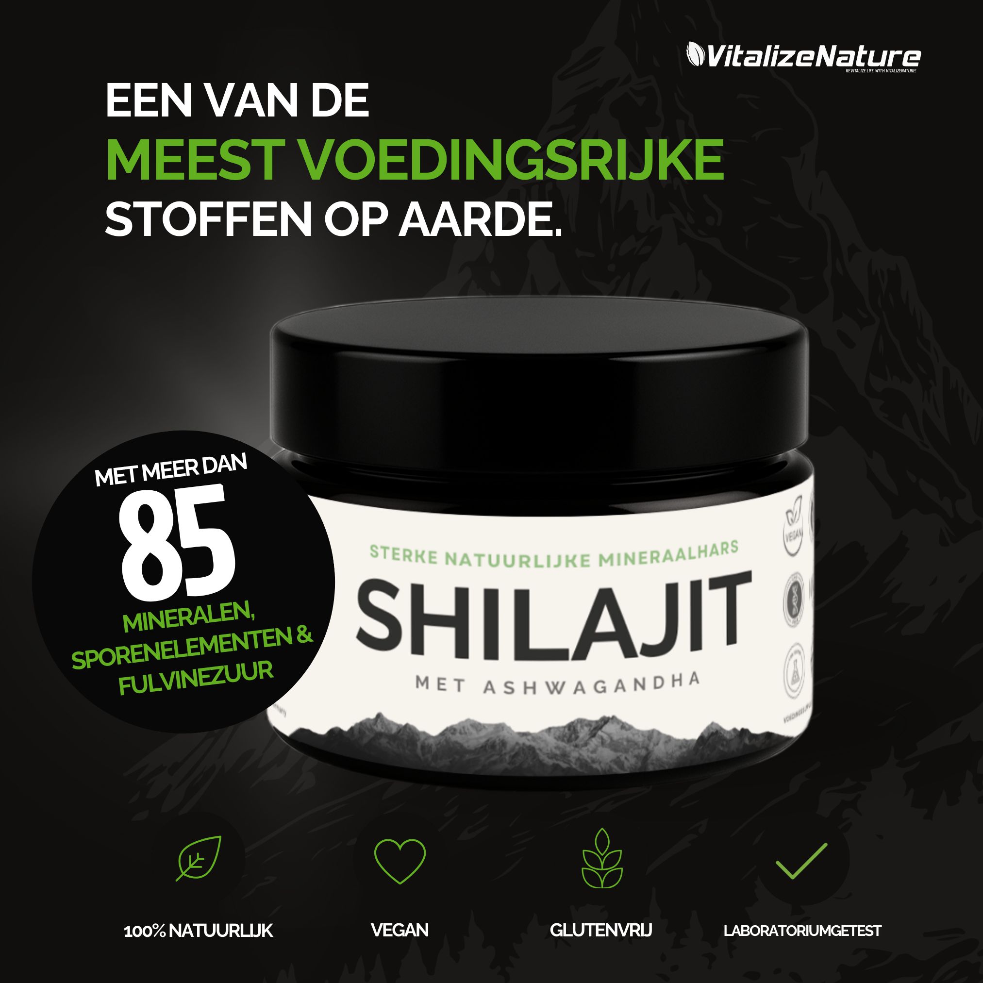 Productpot met etiket. Meer dan 85 mineralen, sporenelementen & fulvinezuur. Veganistisch, laboratorium getest.