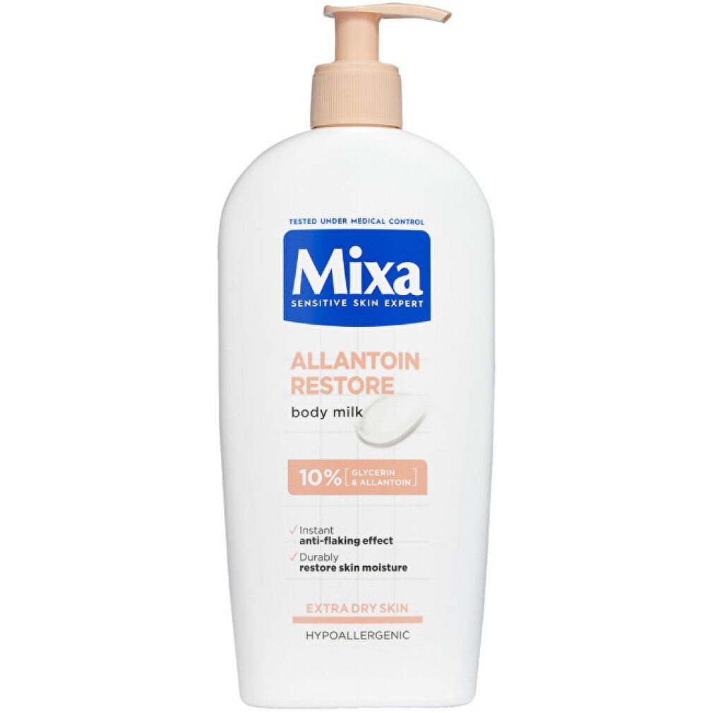 Witte fles Mixa Allantoin Restore Body Milk. Roze etiket met tekst. Pompje bovenop.