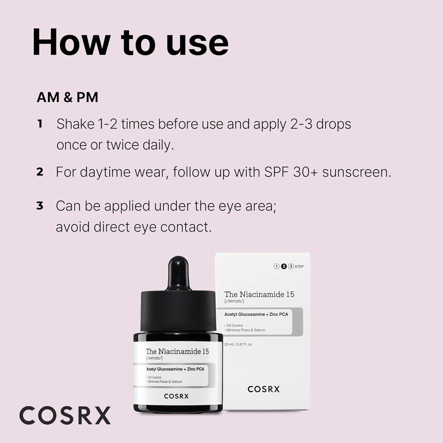 Instructions d'utilisation du sérum COSRX Niacinamide 15. Flacon et emballage montrés.