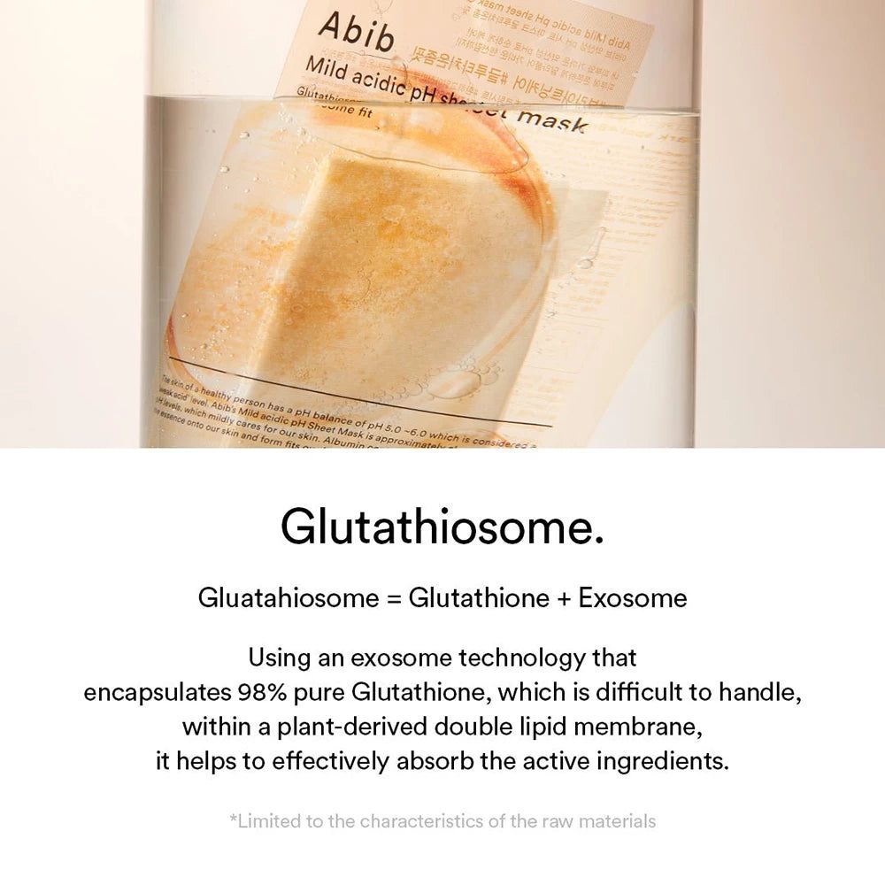 Masque en tissu ABIB Mild Acid pH dans l'eau. Emballage partiellement visible. Texte : Abib, Mild acidic pH sheet mask. Description du produit.