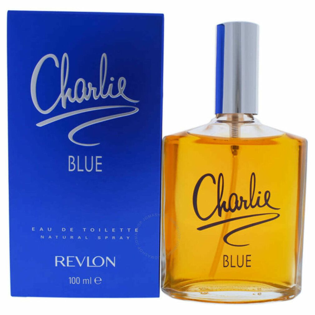 Boîte bleue et flacon en verre. Inscription 'Charlie Blue'. Flacon avec vaporisateur argenté. 'Revlon' visible.