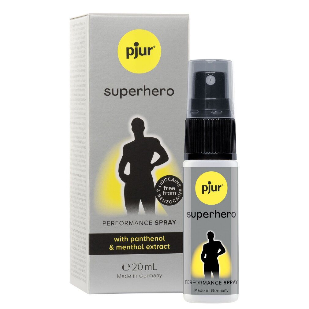 pjur® superhero Performance Spray, flesje van 20ml en verpakking. Bevat panthenol & mentholextract. Vrij van lidocaïne & benzocaïne.