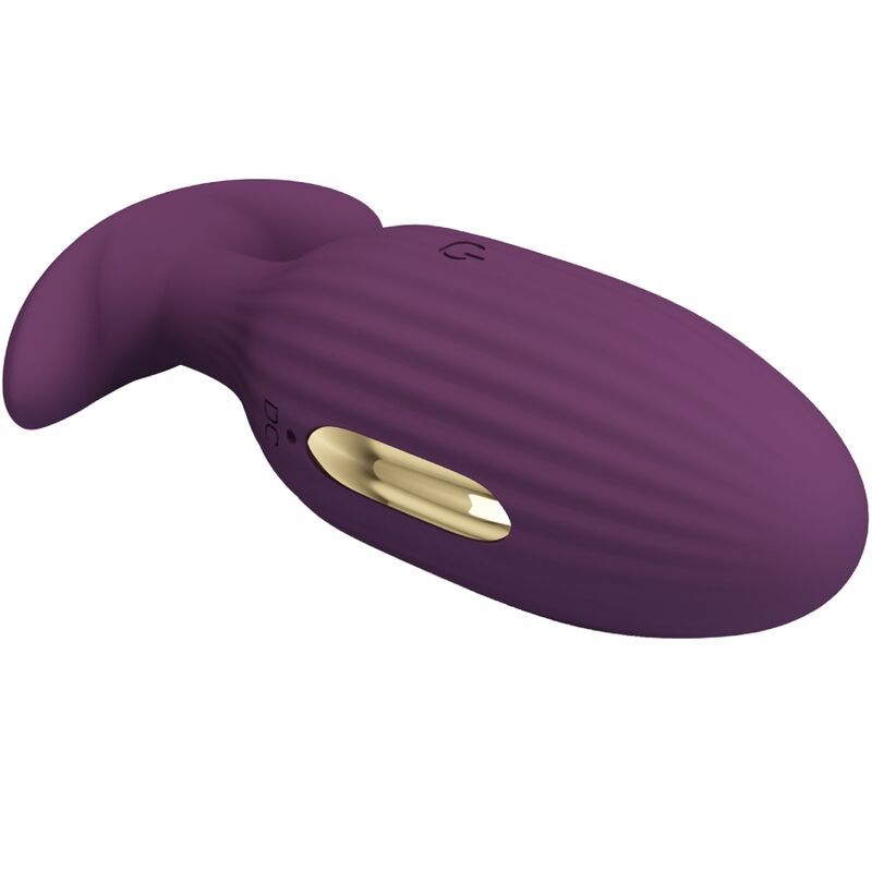 Paarse geribbelde anale plug, zij aanzicht.