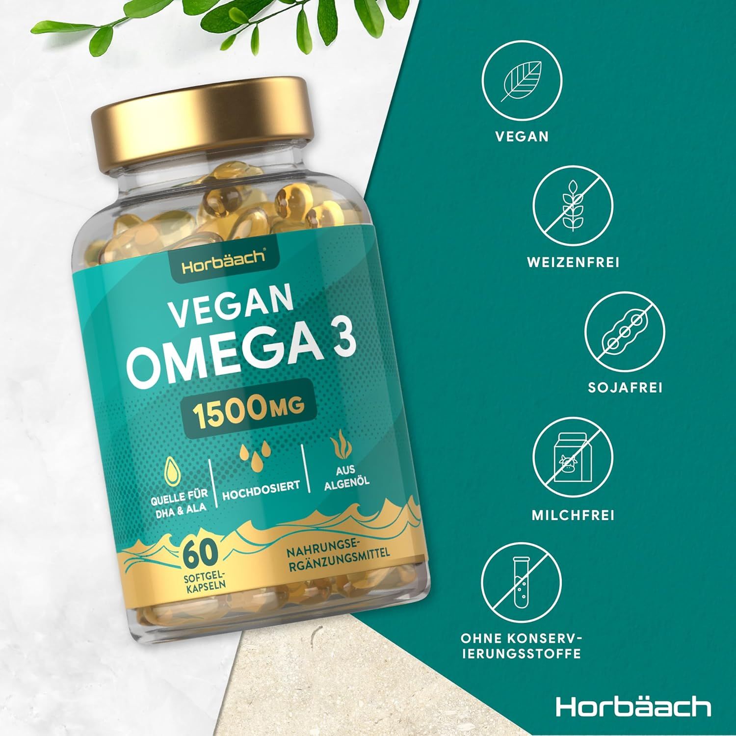 Fles met capsules, groen etiket. Tekst: Vegan Omega 3, 1500mg, 60 capsules. Merk: Horbaach. Symbolen: Vegan, glutenvrij, sojavrij, zuivelvrij.
