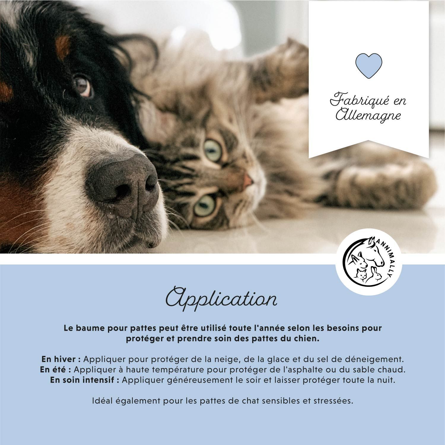 Photo avec chien et chat. Texte sur l'application du baume. Logo Annimally. Fabriqué en Allemagne.