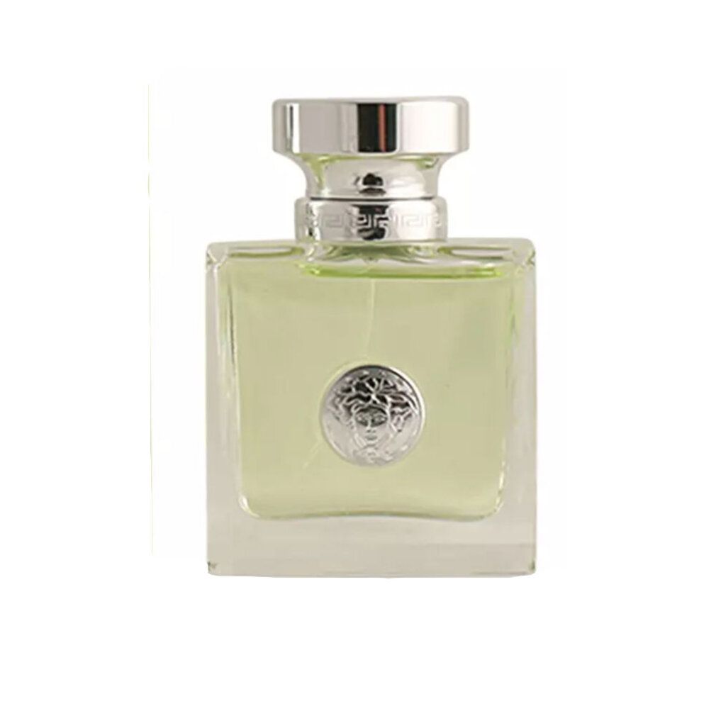 Versace Versense Eau de Toilette Spray. Flacon carré en verre avec bouchon argenté. Liquide verdâtre. Logo Méduse sur le devant.