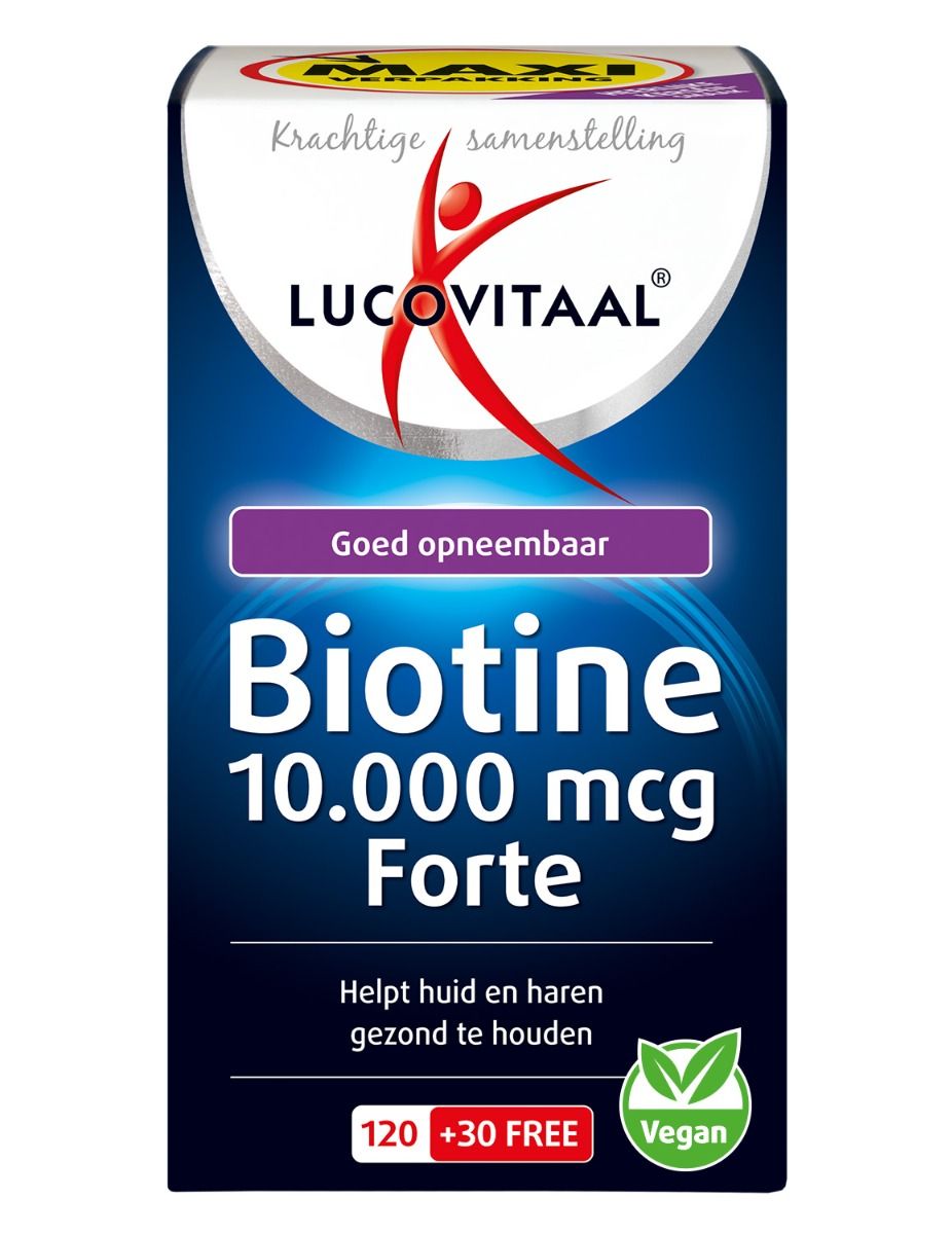 Boîte de Biotine Forte. Contient 120 + 30 comprimés. Vegan. Inscription : Lucovitaal, Biotine 10.000 mcg Forte.