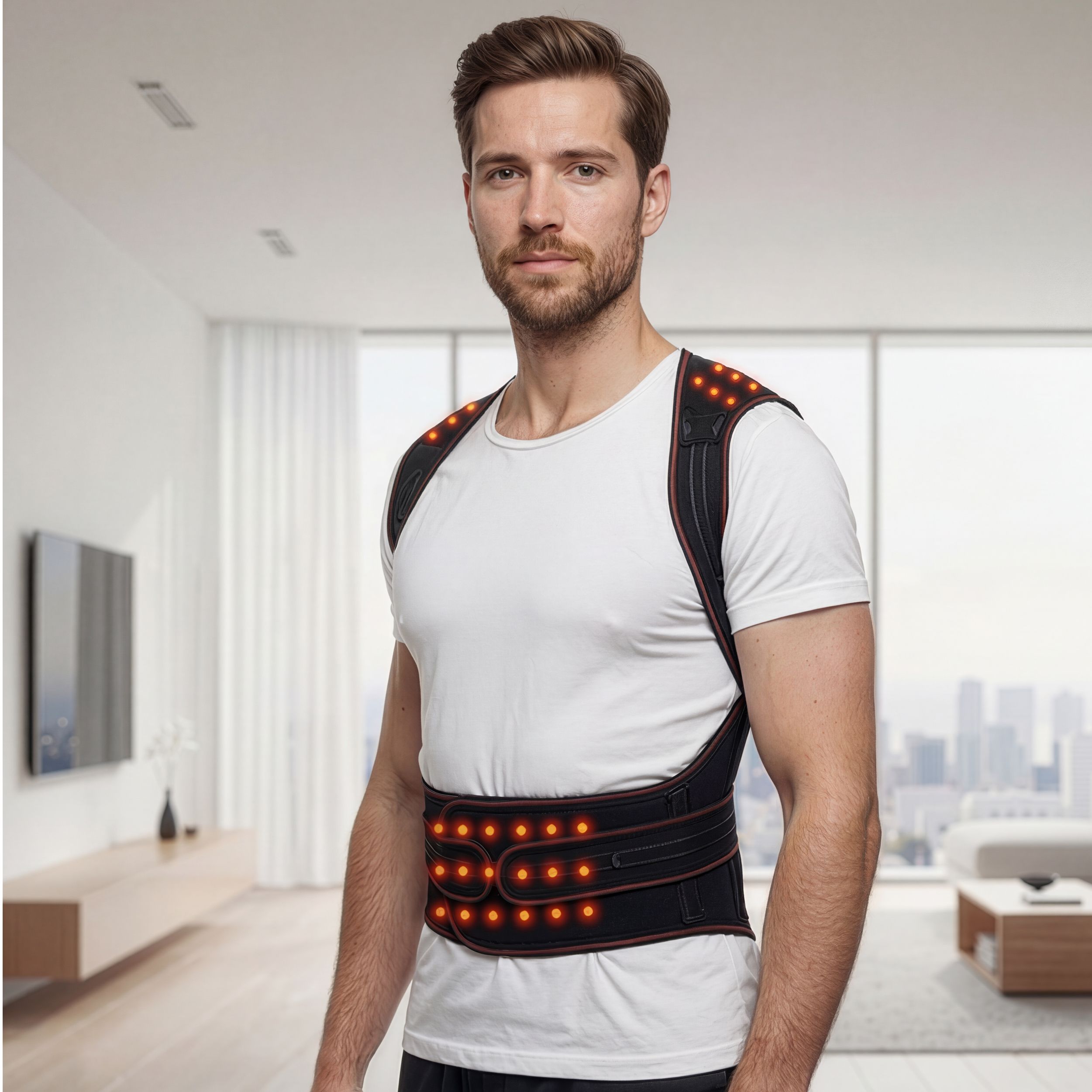 Homme portant une ceinture dorsale noire avec des lumières orange. Vue de face. En intérieur.