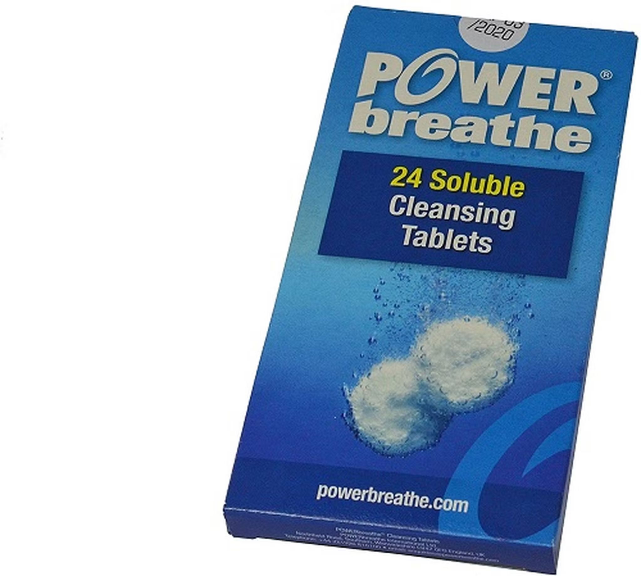 Doosje PowerBreathe reinigingstabletten met twee bruisende tabletten in water.