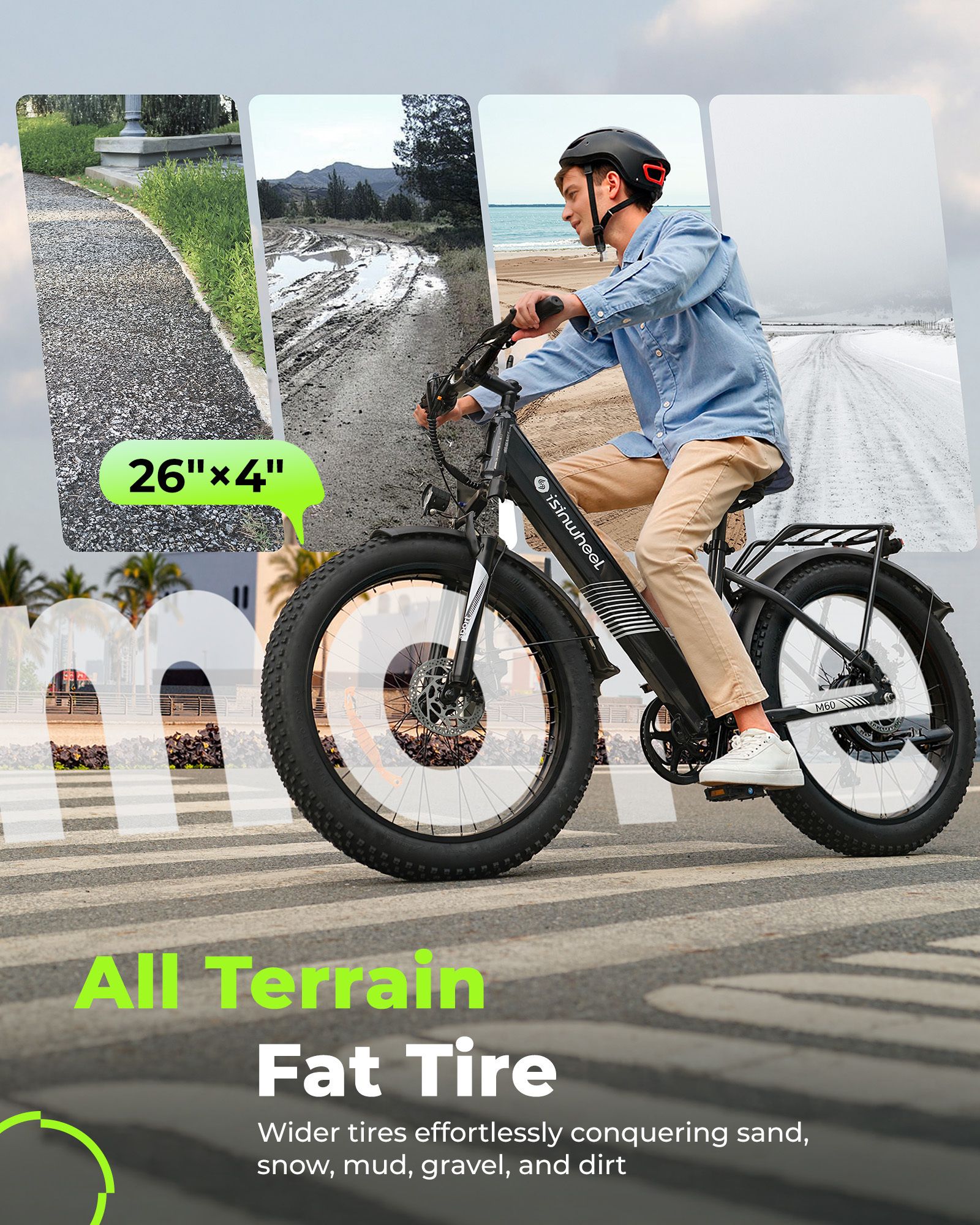 Persoon op een Isinwheel M60 e-bike met brede banden. Tekst: All Terrain Fat Tire, 26"x4".