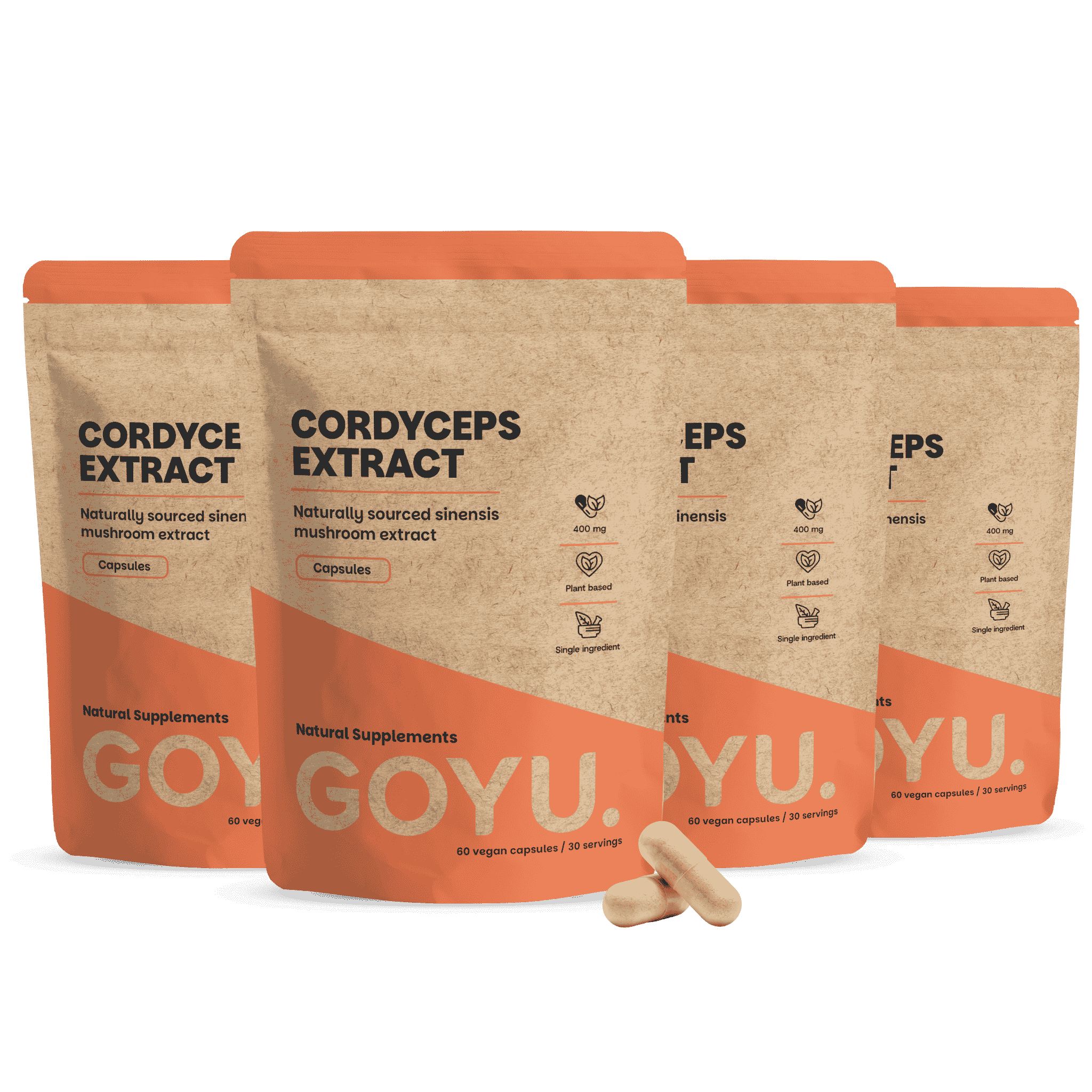 Vier verpakkingen Cordyceps extract capsules, één geopend, met twee capsules ernaast.