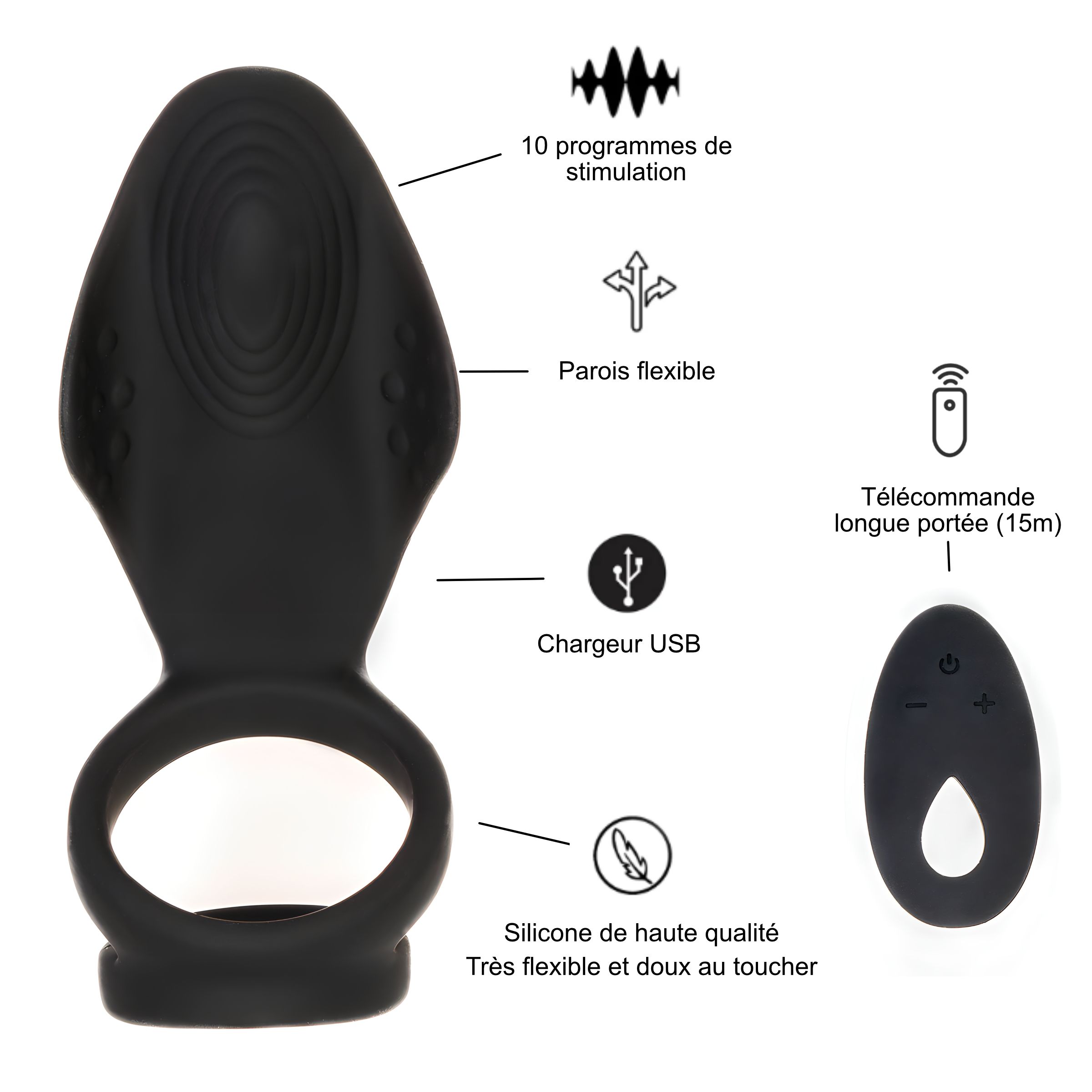 Produit noir en forme d'anneau avec télécommande. Inscriptions: 10 programmes de stimulation, parois flexibles, chargeur USB, télécommande.