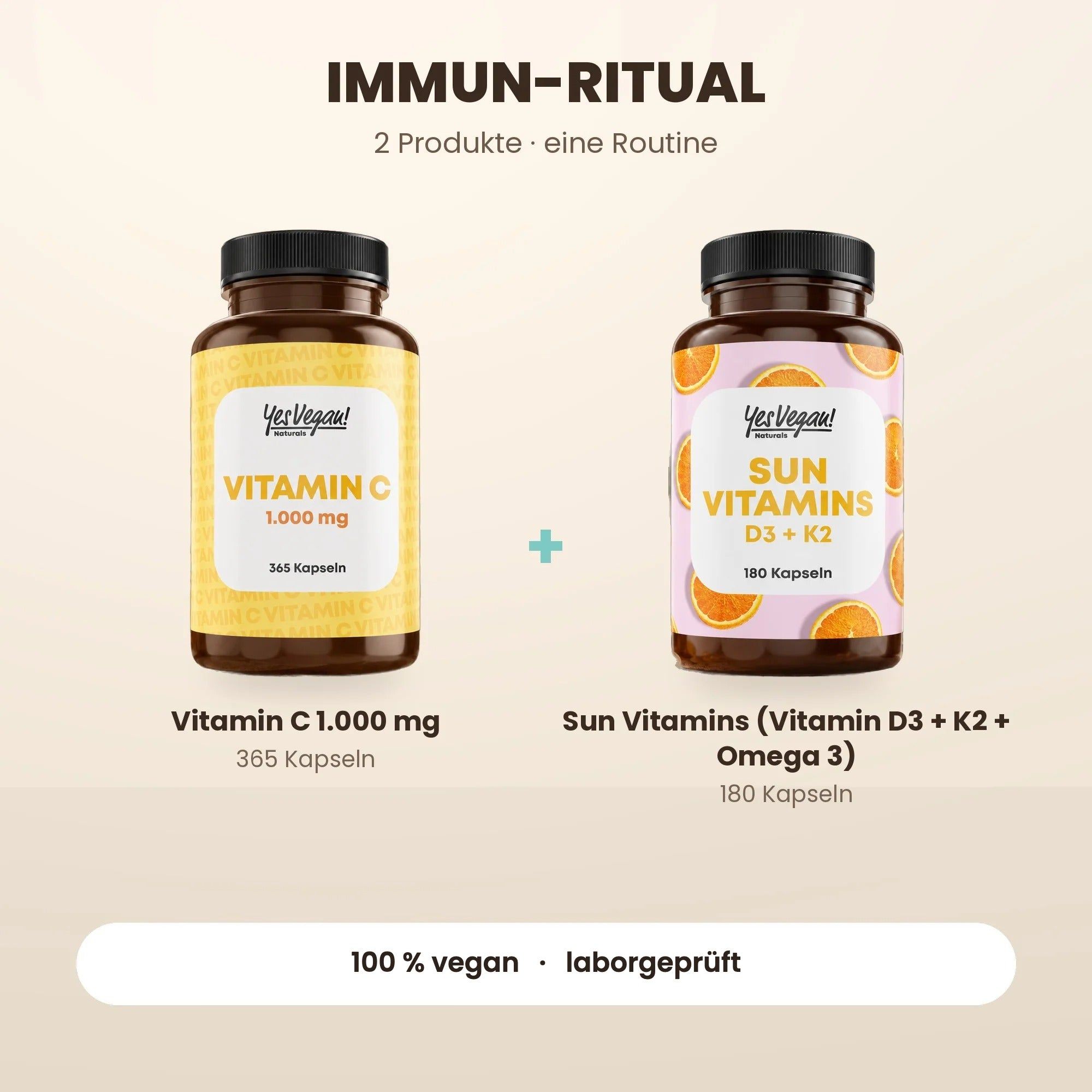 Twee flessen: Vitamine C 1.000 mg (365 capsules) en Sun Vitamins D3 + K2 (180 capsules).