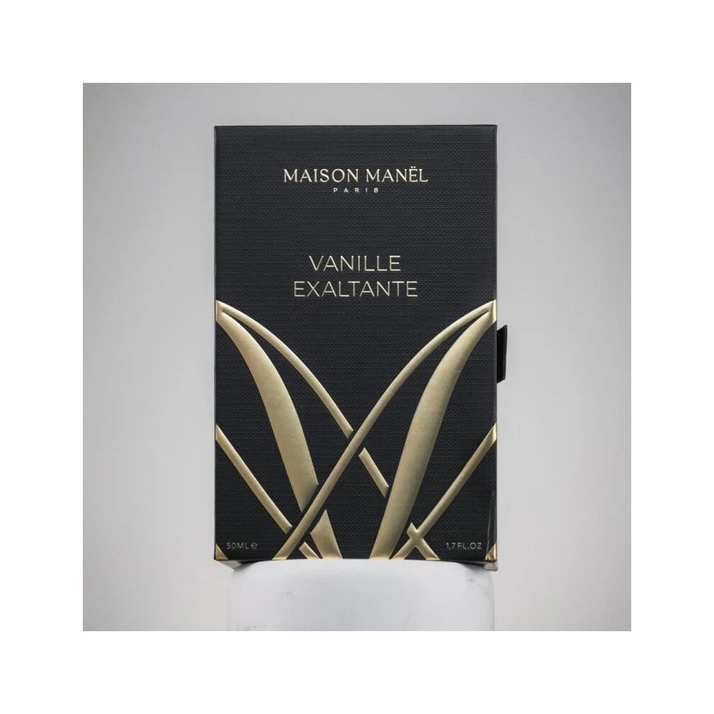 Emballage noir avec logo doré et texte: Maison Manel Paris, Vanille Exaltante.