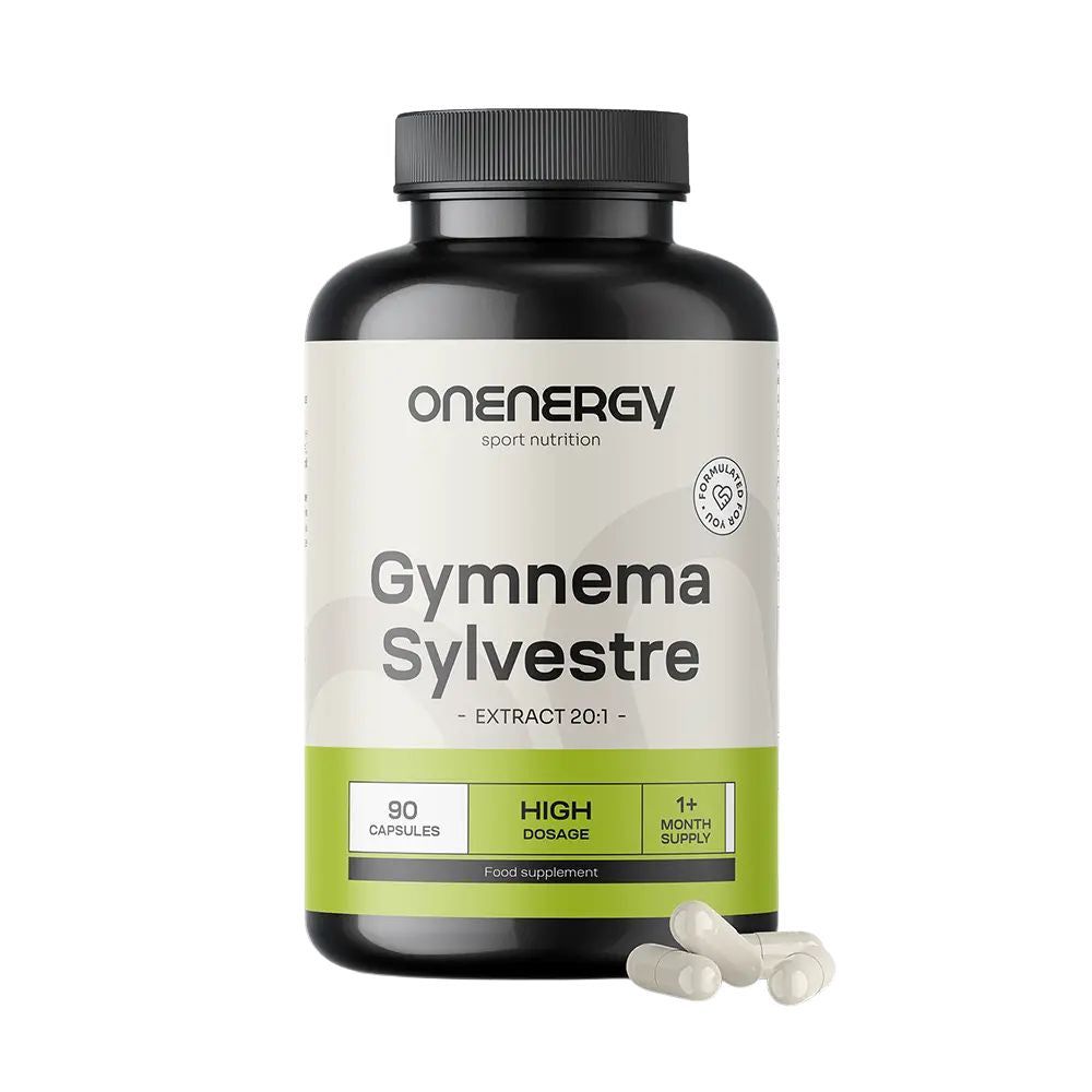 Zwarte fles met witte capsules. Opschrift: OnEnergy, Gymnema Sylvestre Extract 20:1, 90 capsules, High Dosage, 1+ maand.