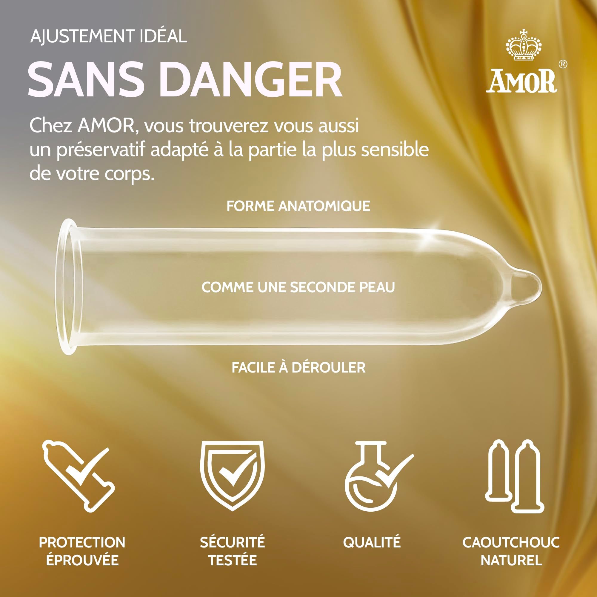 Un préservatif Amor déroulé sur fond doré. Icônes indiquant une protection éprouvée, une sécurité testée, la qualité et le caoutchouc naturel.