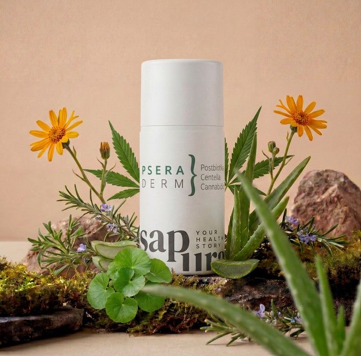 Flacon pompe blanc entouré d'aloe vera, d'herbes et de fleurs.