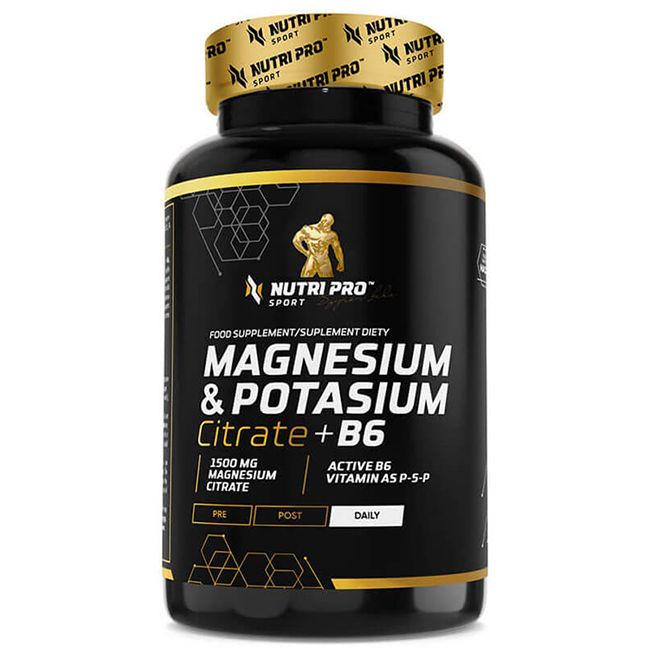 Zwarte pot Nutri Pro Sport Magnesium en Kaliumcitraat + B6. Bevat 1500 mg magnesiumcitraat en vitamine B6.