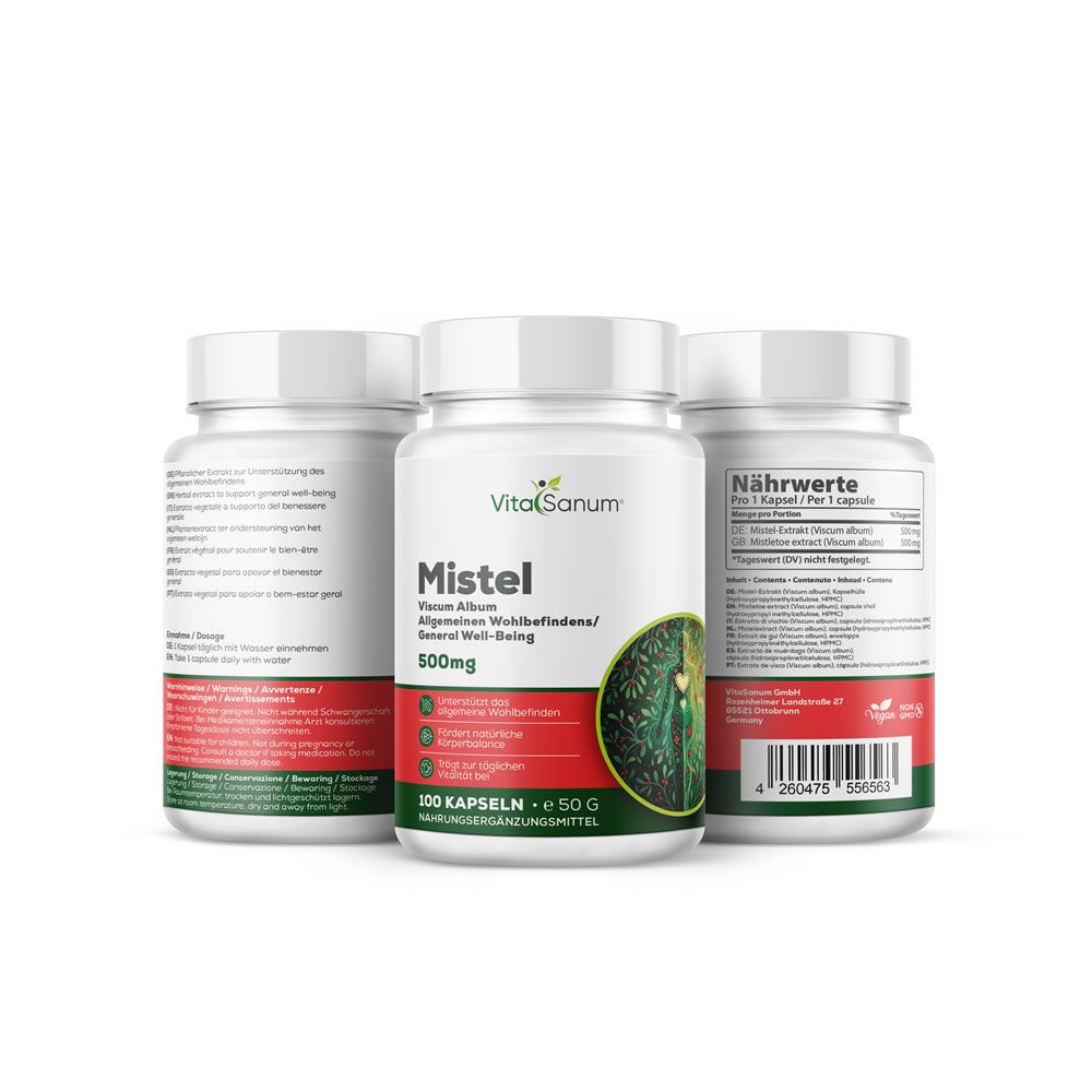 Drie witte flessen met schroefdop. Etiket met productnaam 'Mistel', merk 'VitaSanum' en informatie. 100 capsules.