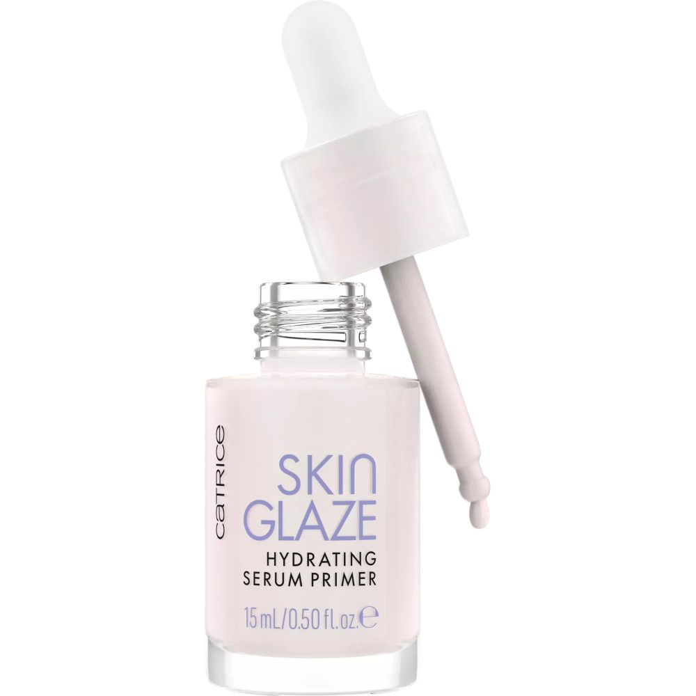 Flacon de Catrice Skin Glaze Serum-Primer avec pipette. Flacon avec produit et pipette. Inscription : Skin Glaze Hydrating Serum Primer.