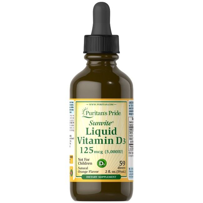 Flacon en verre brun avec bouchon noir et pipette. Étiquette avec texte: Sunvite Liquid Vitamin D3 125 mcg. Orange Flavor.