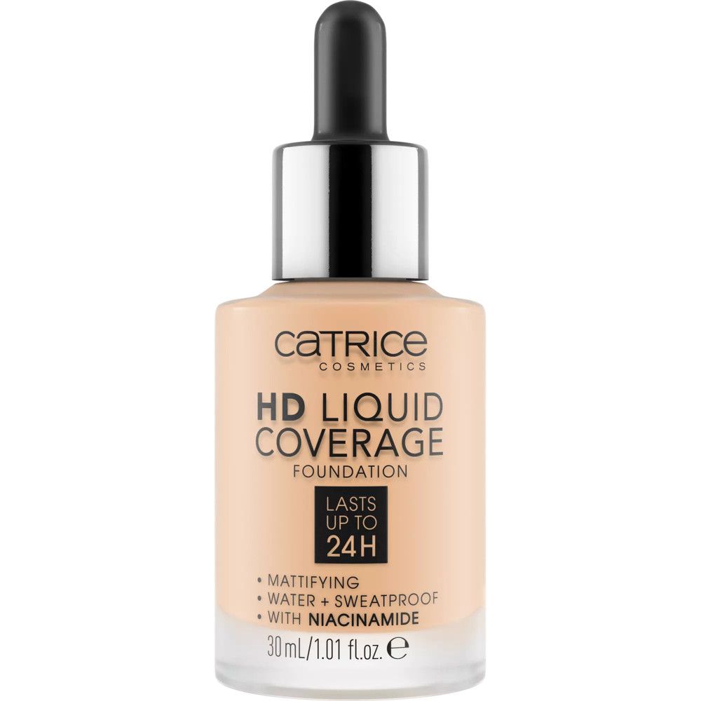 Flacon de fond de teint Catrice HD Liquid Coverage. Inscriptions: Catrice, HD Liquid Coverage, matifiant, résistant à l'eau, avec niacinamide. Avec pipette.