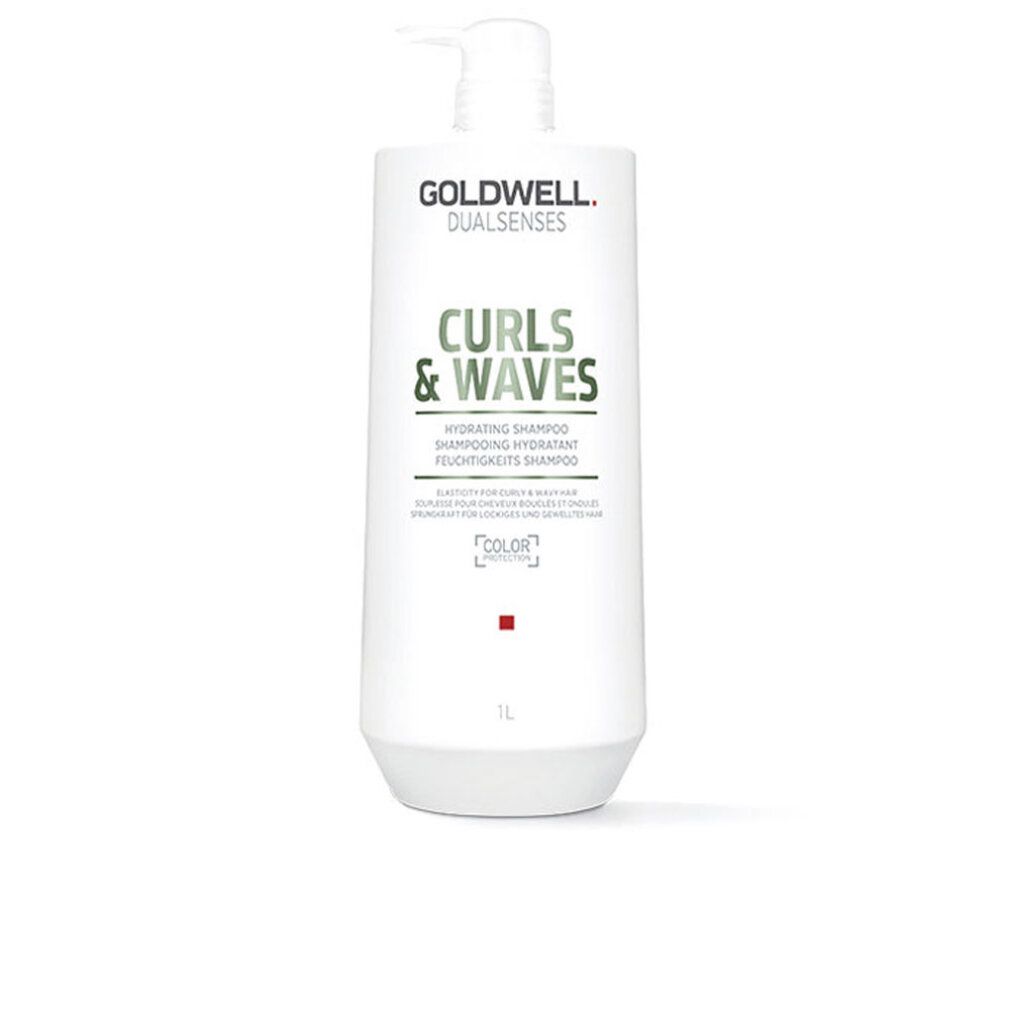 Goldwell Dual Senses Curls & Waves Shampoo. Witte fles met pomp. Productnaam in groen. 1L.
