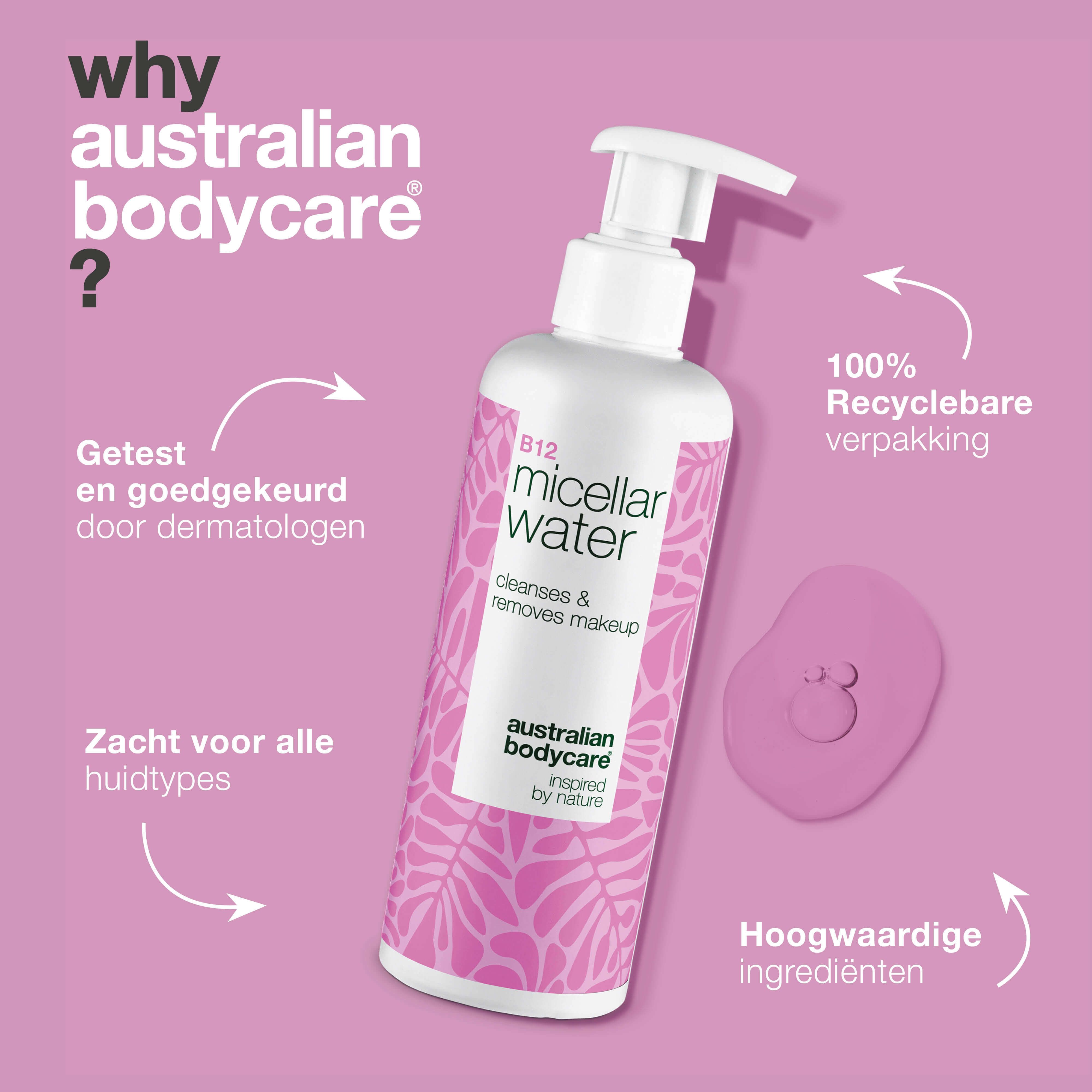 Fles B12 Micellar Water. Tekst: Getest door dermatologen, alle huidtypes, recyclebare verpakking. Merk.