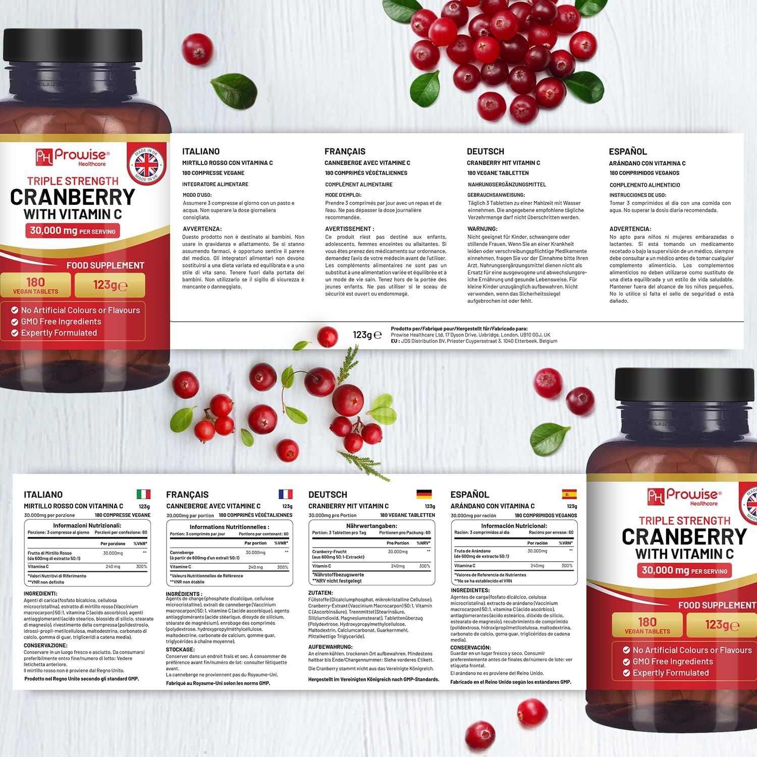 Deux flacons avec étiquettes de produit et notice d'information en plusieurs langues. Cranberry avec vitamine C.