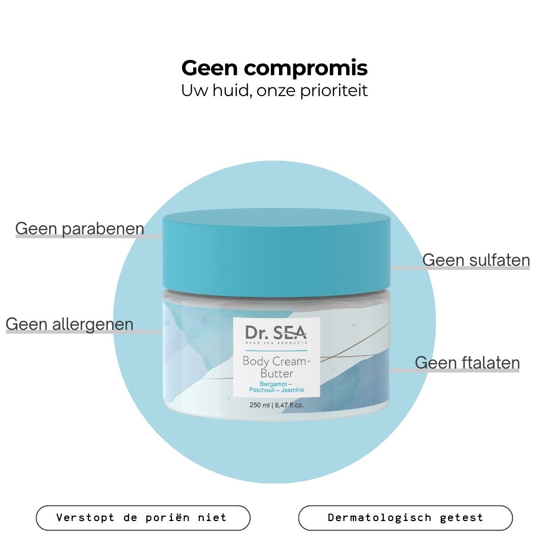 Potje body butter met blauw deksel. Tekst: Zonder parabenen, Zonder sulfaten, Zonder allergenen, Zonder ftalaten. Dermatologisch getest.