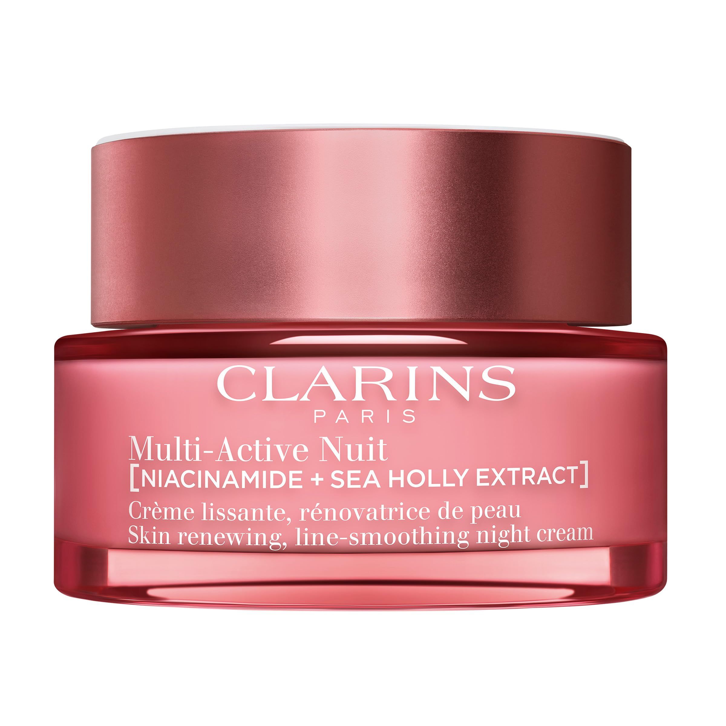 Roze crème pot met deksel. Opschrift: CLARINS PARIS, Multi-Active Nuit. Tekst: Skin renewing, line-smoothing night cream.