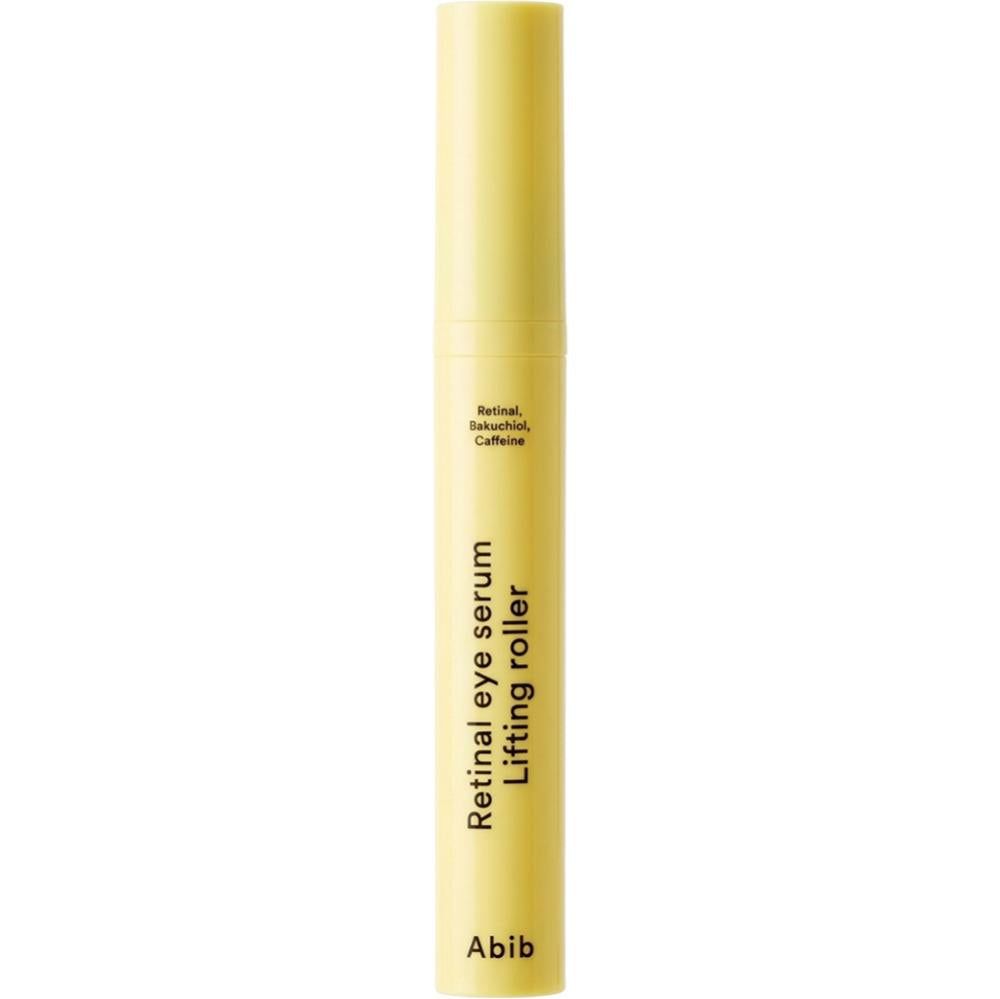ABIB Retinal Eye Serum Lifting Roller in geel. Bevat retinal, bakuchiol, cafeïne.