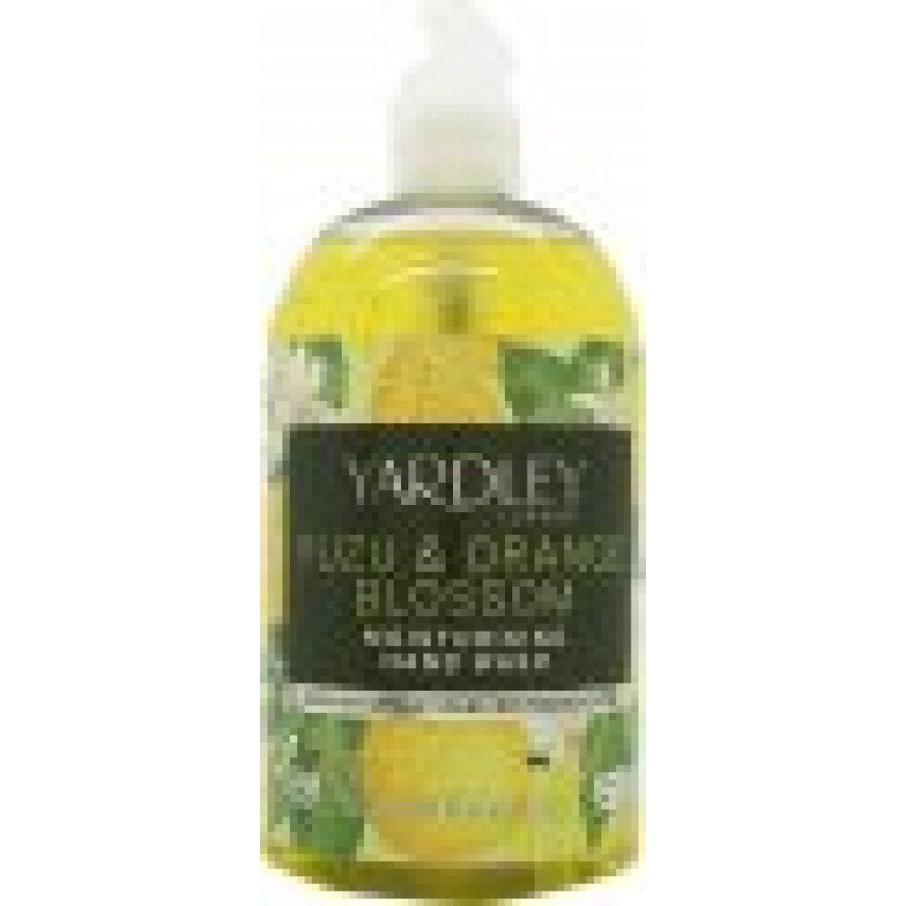 Flacon de savon liquide. Étiquette: Yuzu & Orange Blossom, Hand Wash. Vegan.