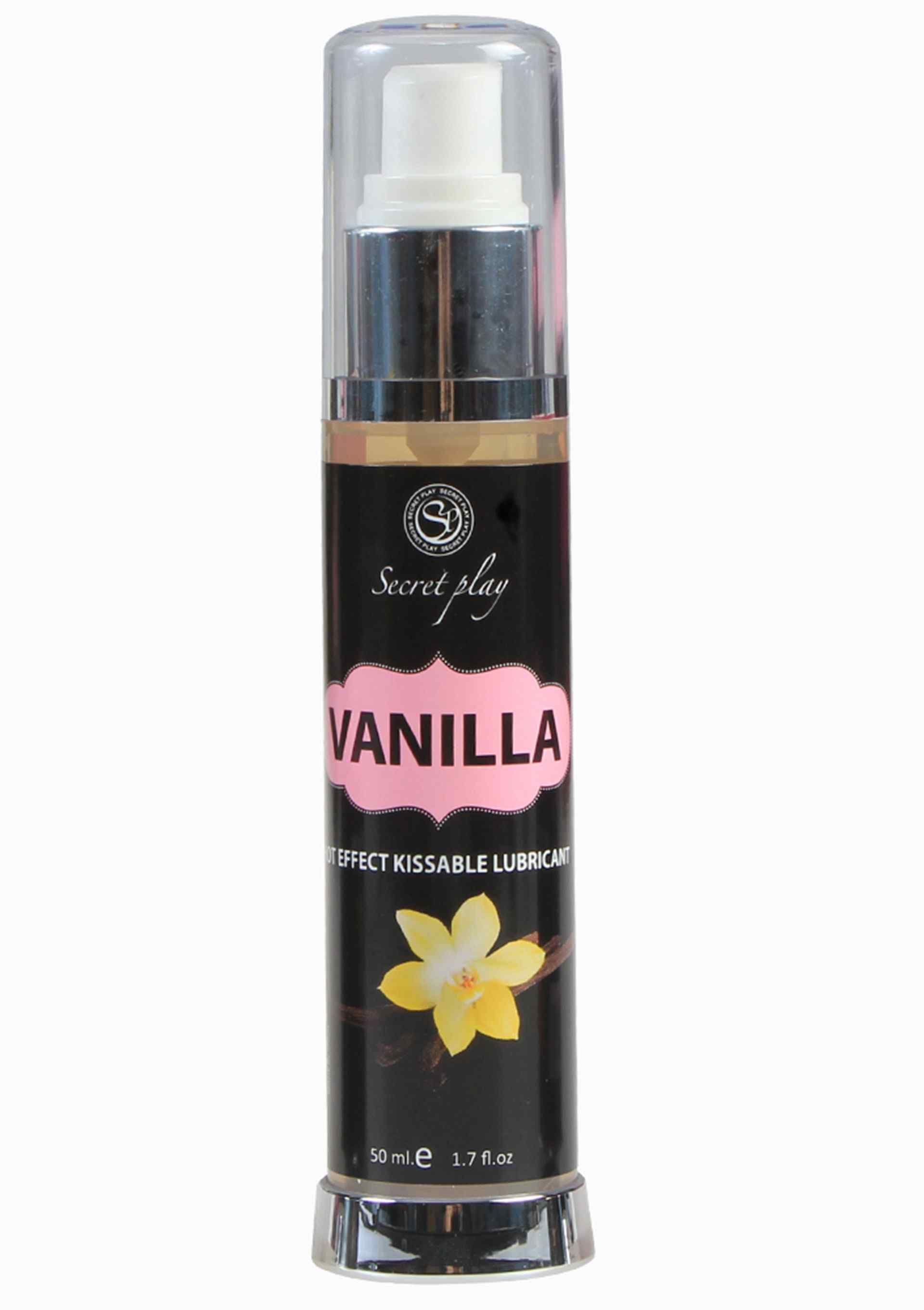 Zwarte fles met "Vanilla" en gele bloem. Doseerpomp, transparante dop. 50 ml.