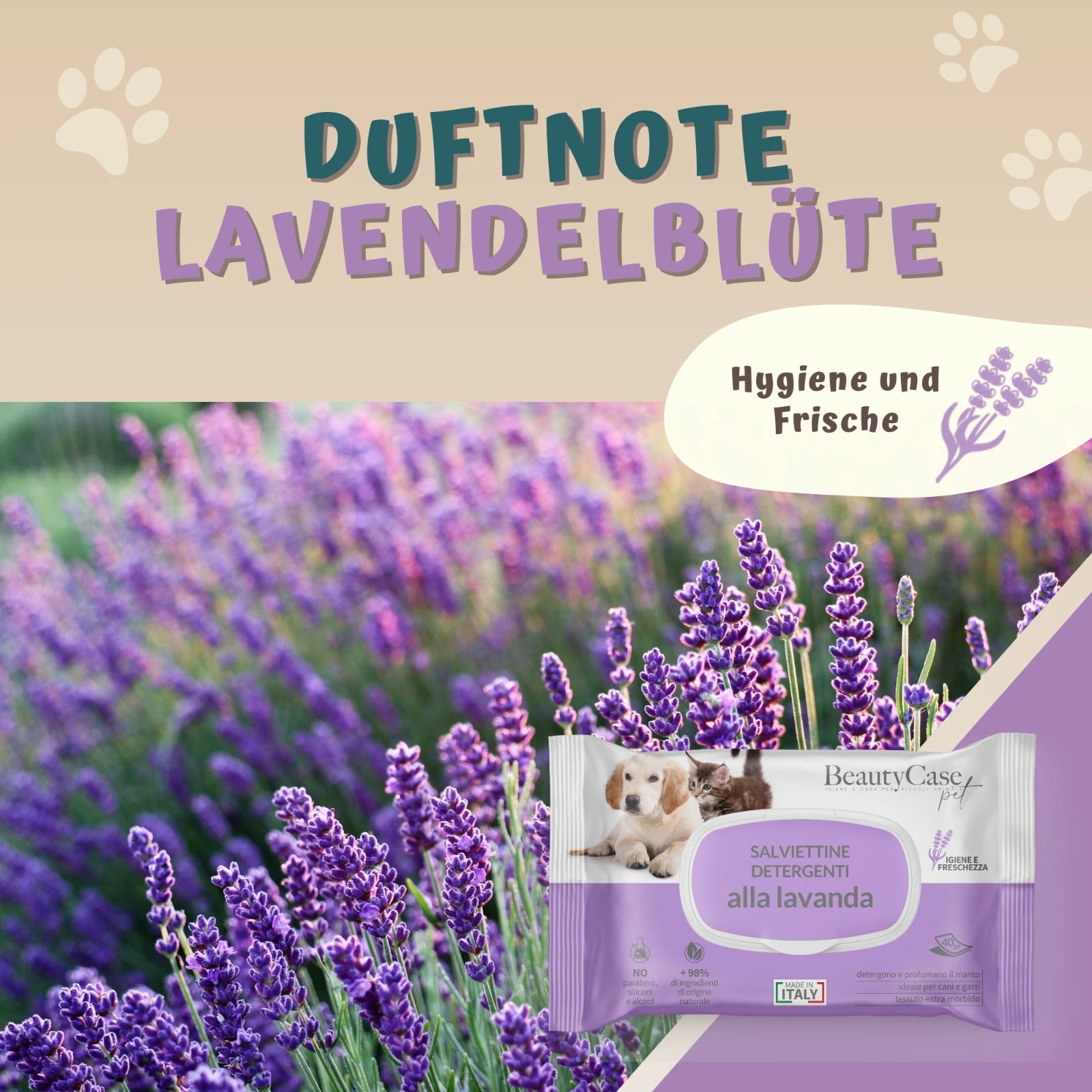 Image du produit avec fleurs de lavande. Texte: Note parfumée fleur de lavande. Emballage des lingettes. Marque: BeautyCase Pet.