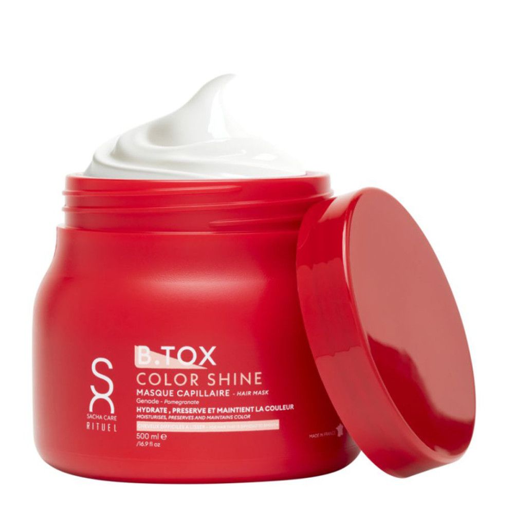 Rode pot met witte crème en open deksel. Opschrift: B-Tox Color Shine, Masque Capillaire, 500 ml.