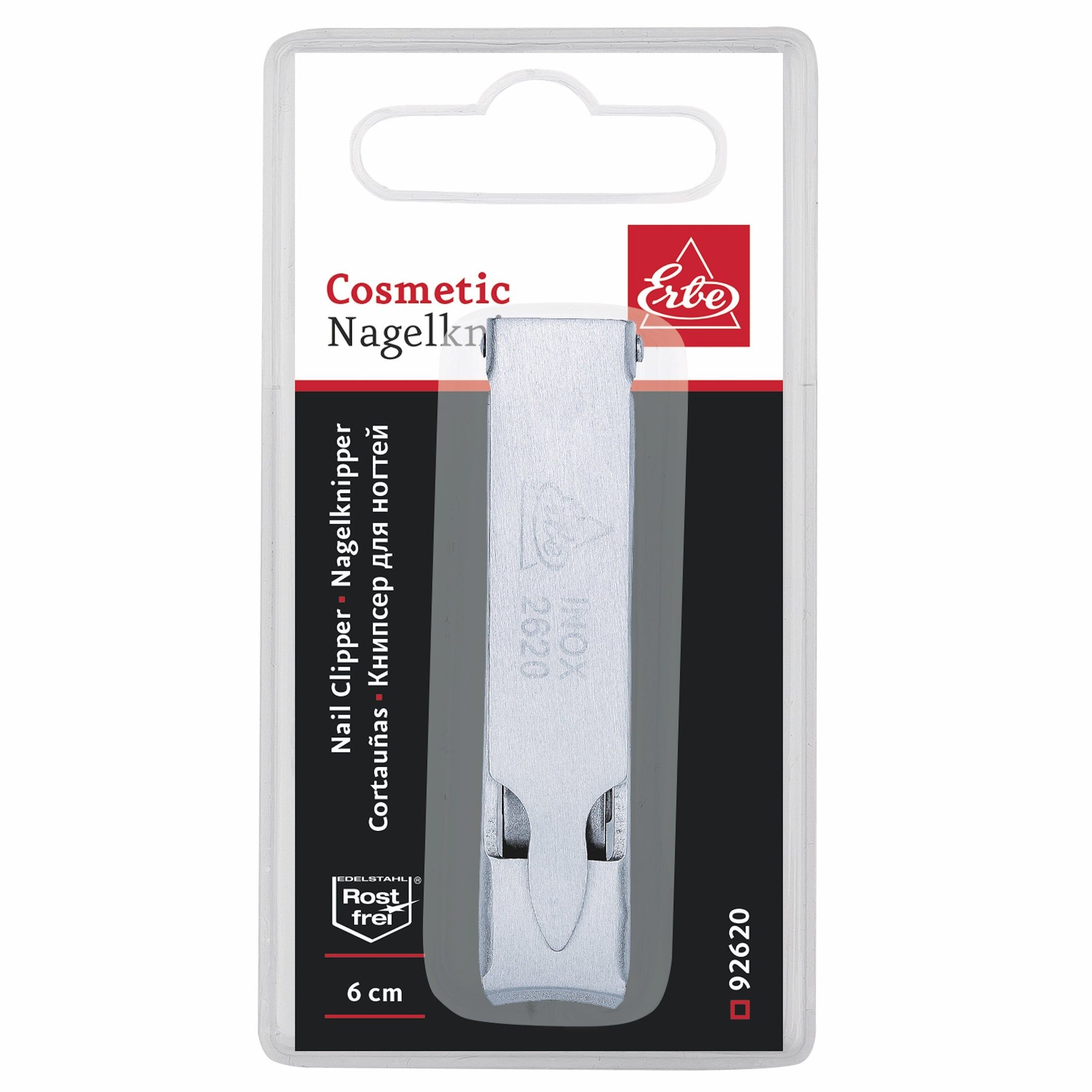 Coupe-ongles en blister. Marque Erbe, inoxydable, 6 cm. Texte: Coupe-ongles, INOX, 2620.