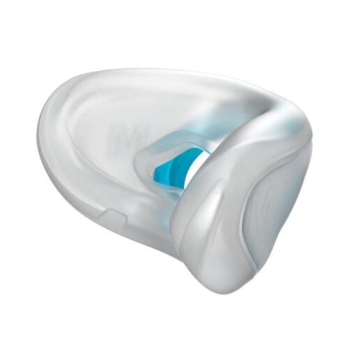 Perspectivisch aanzicht van een wit siliconen masker kussen met blauwe inzet.
