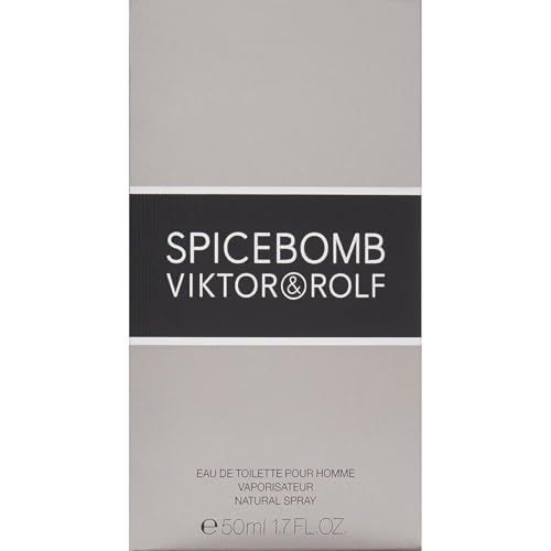 Emballage gris avec bande noire. Inscription SPICEBOMB VIKTOR&ROLF. Texte: Eau de Toilette.
