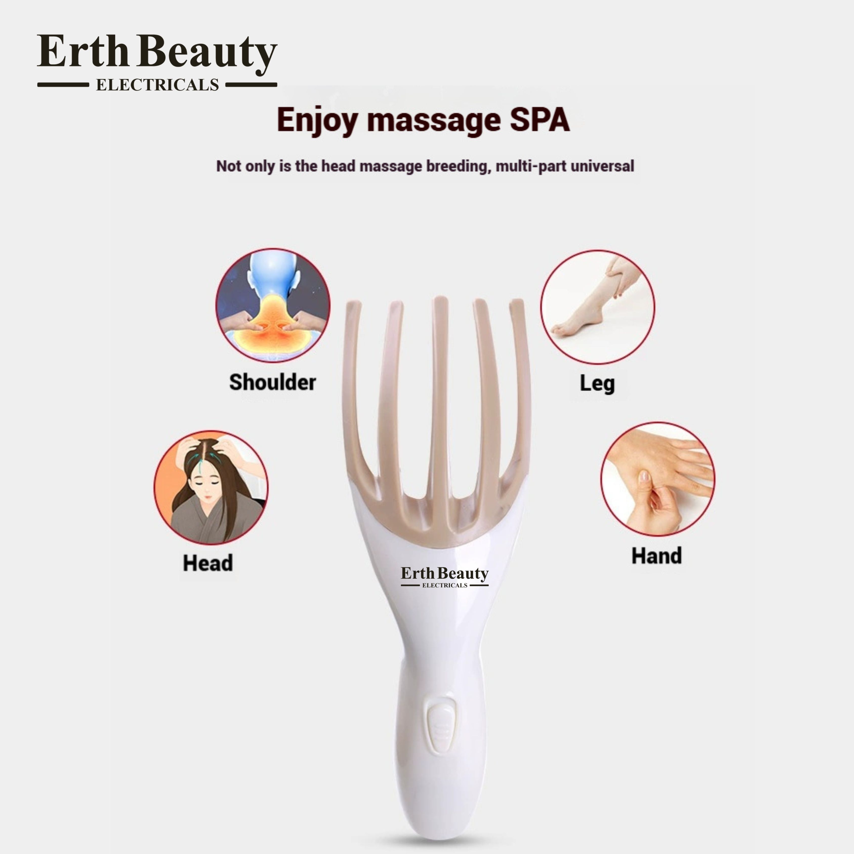 Hoofdhuidmassager met toepassingsvoorbeelden voor hoofd, schouder, been en hand.